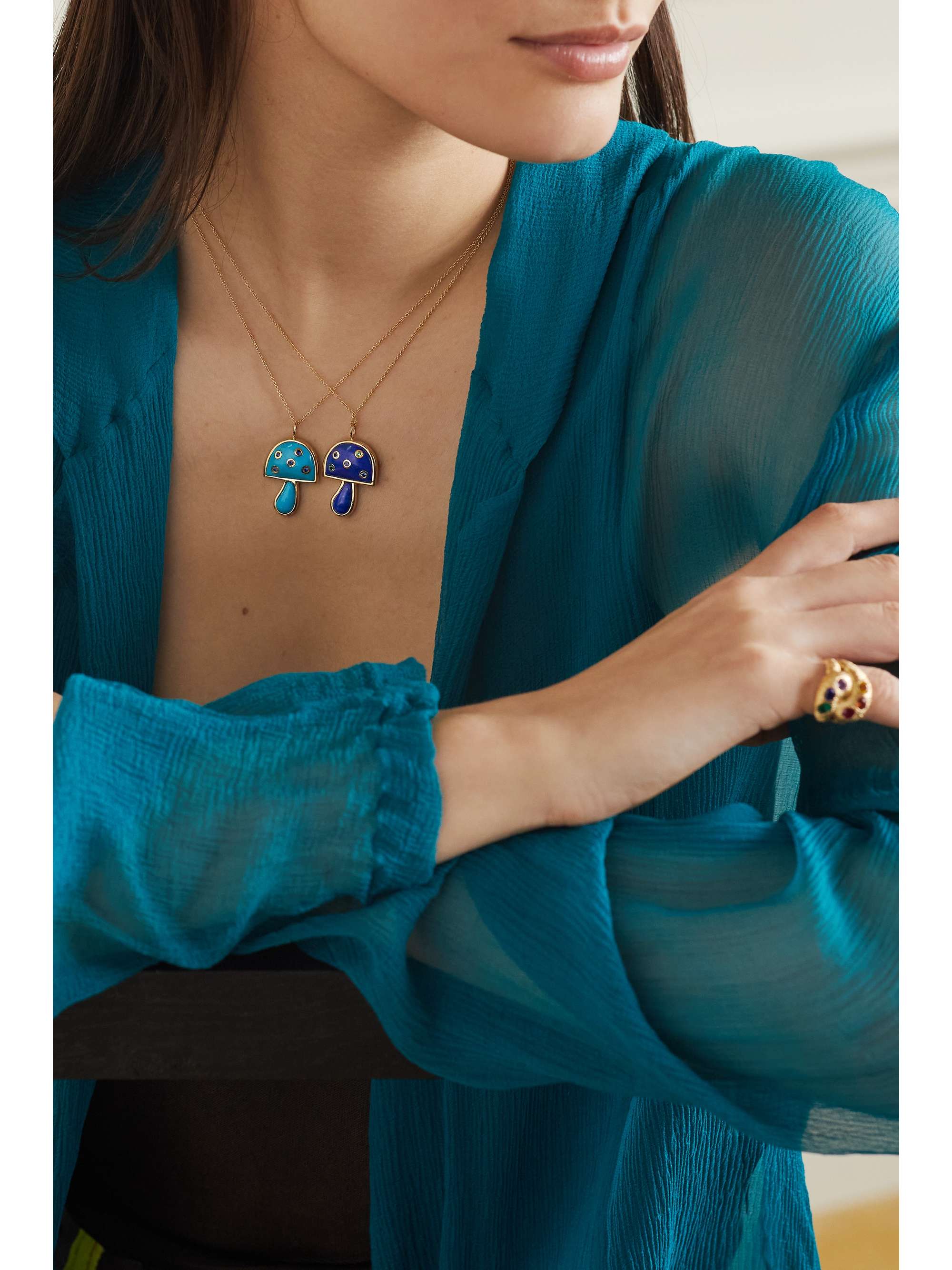 BRENT NEALE Mini Mushroom 18-karat gold, turquoise and sapphire necklace