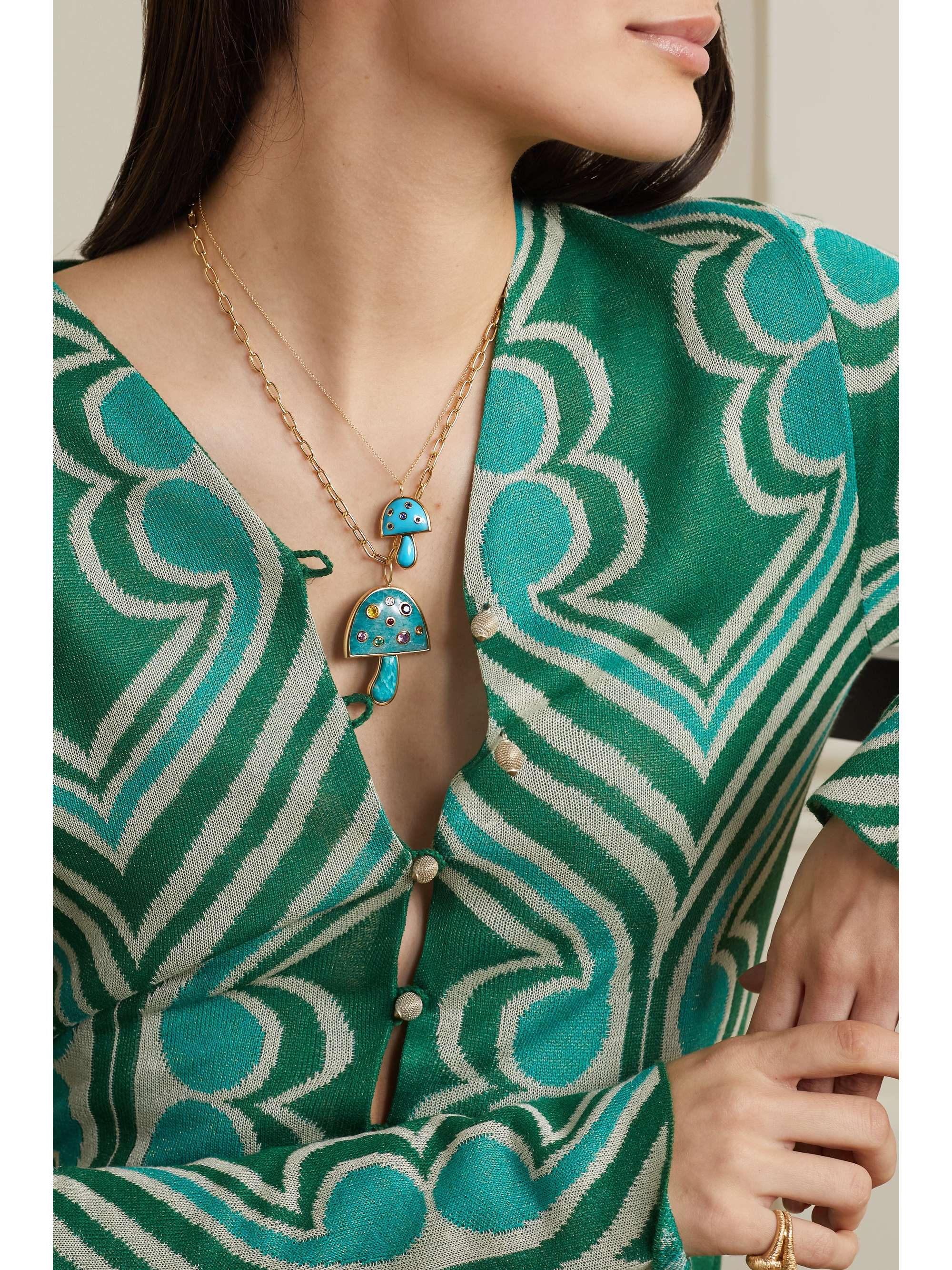 BRENT NEALE Mini Mushroom 18-karat gold, turquoise and sapphire necklace