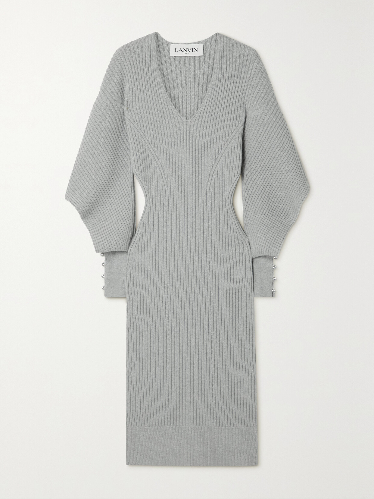Lanvin Cutout Embellished Ribbed Wool And Cashmere-blend Midi Dress - Gray