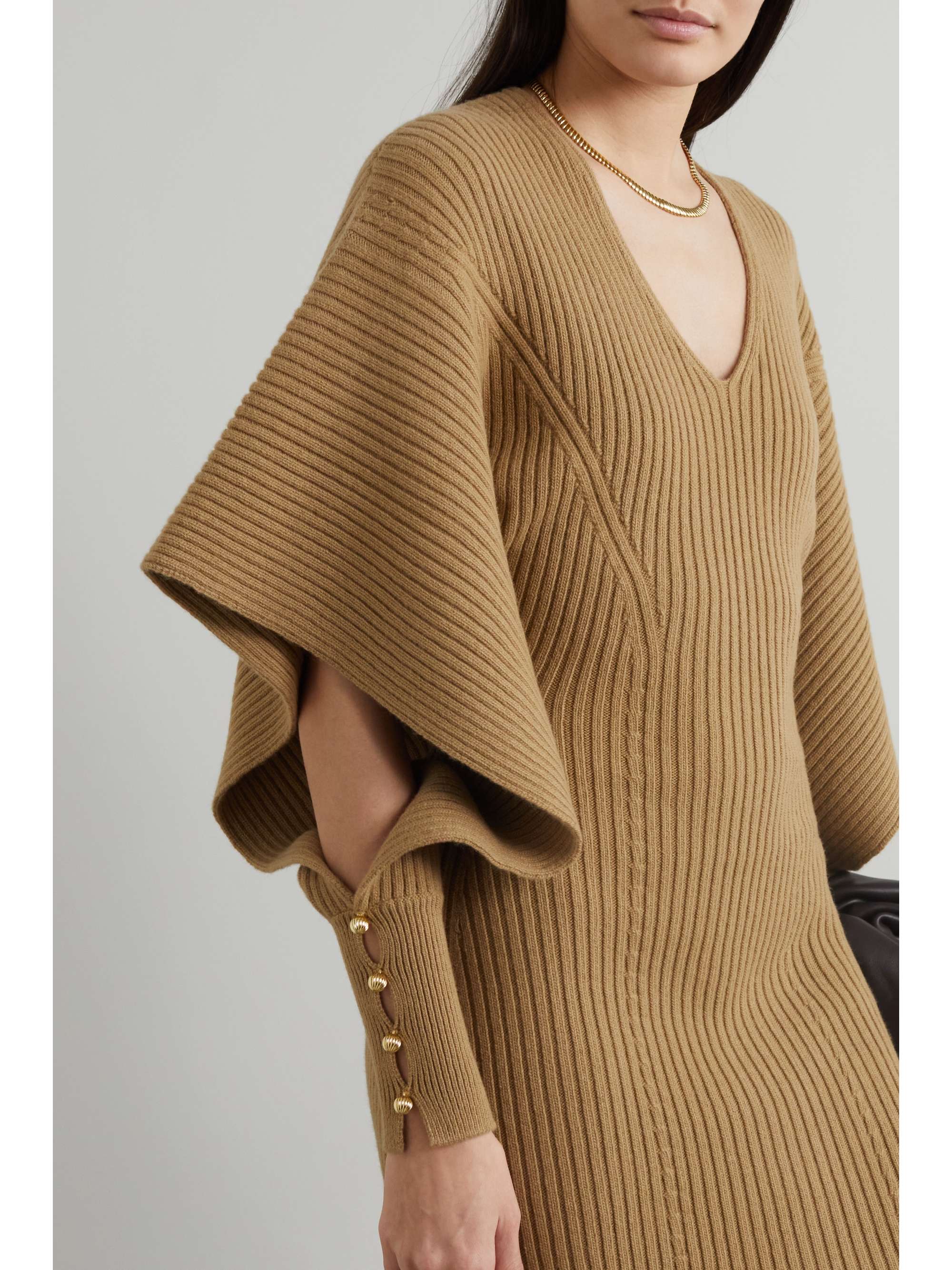 LANVIN 挖剪带缀饰罗纹羊毛羊绒混纺中长连衣裙