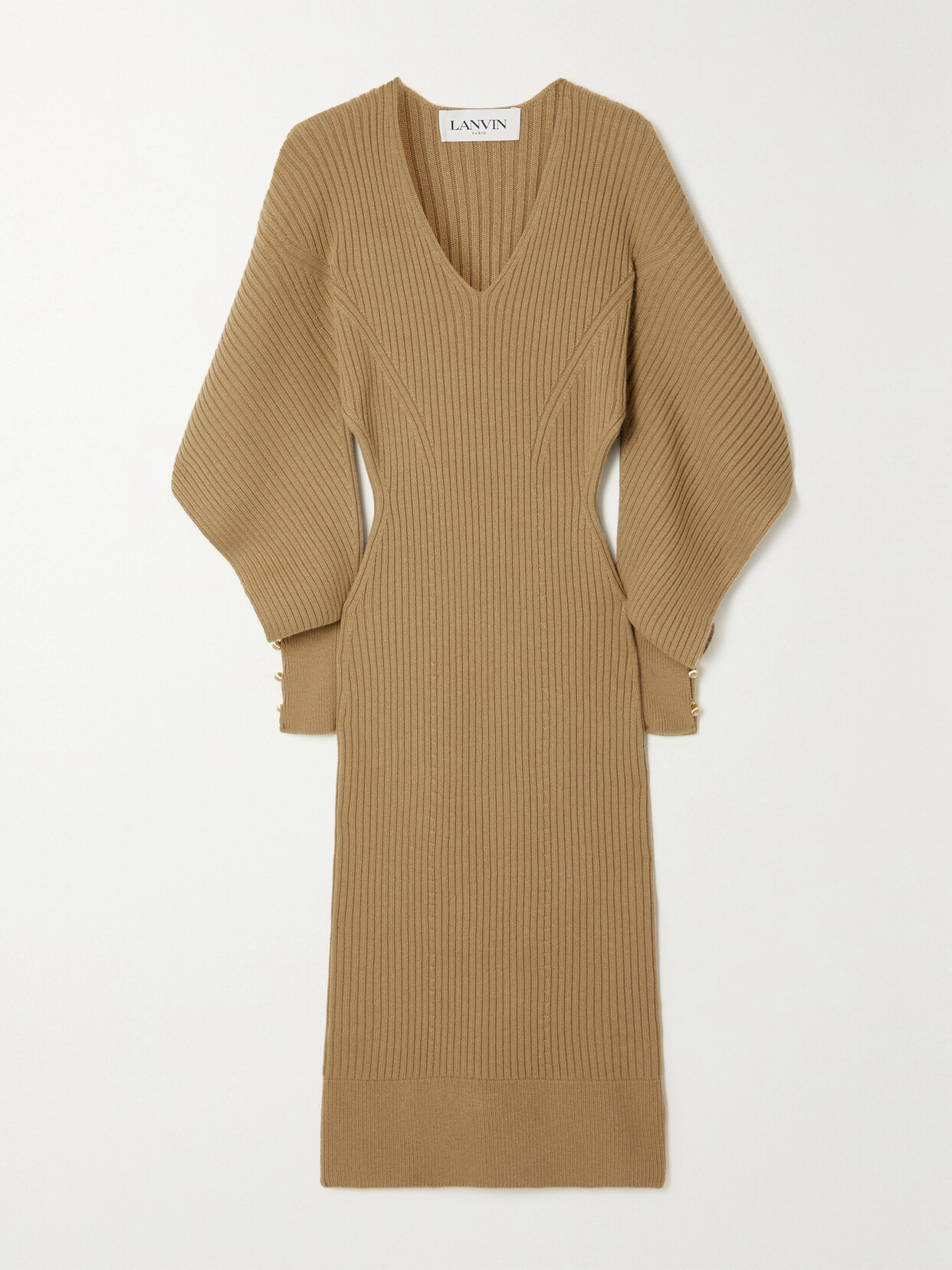 Lanvin Cutout Embellished Ribbed Wool And Cashmere-blend Midi Dress - Neutrals