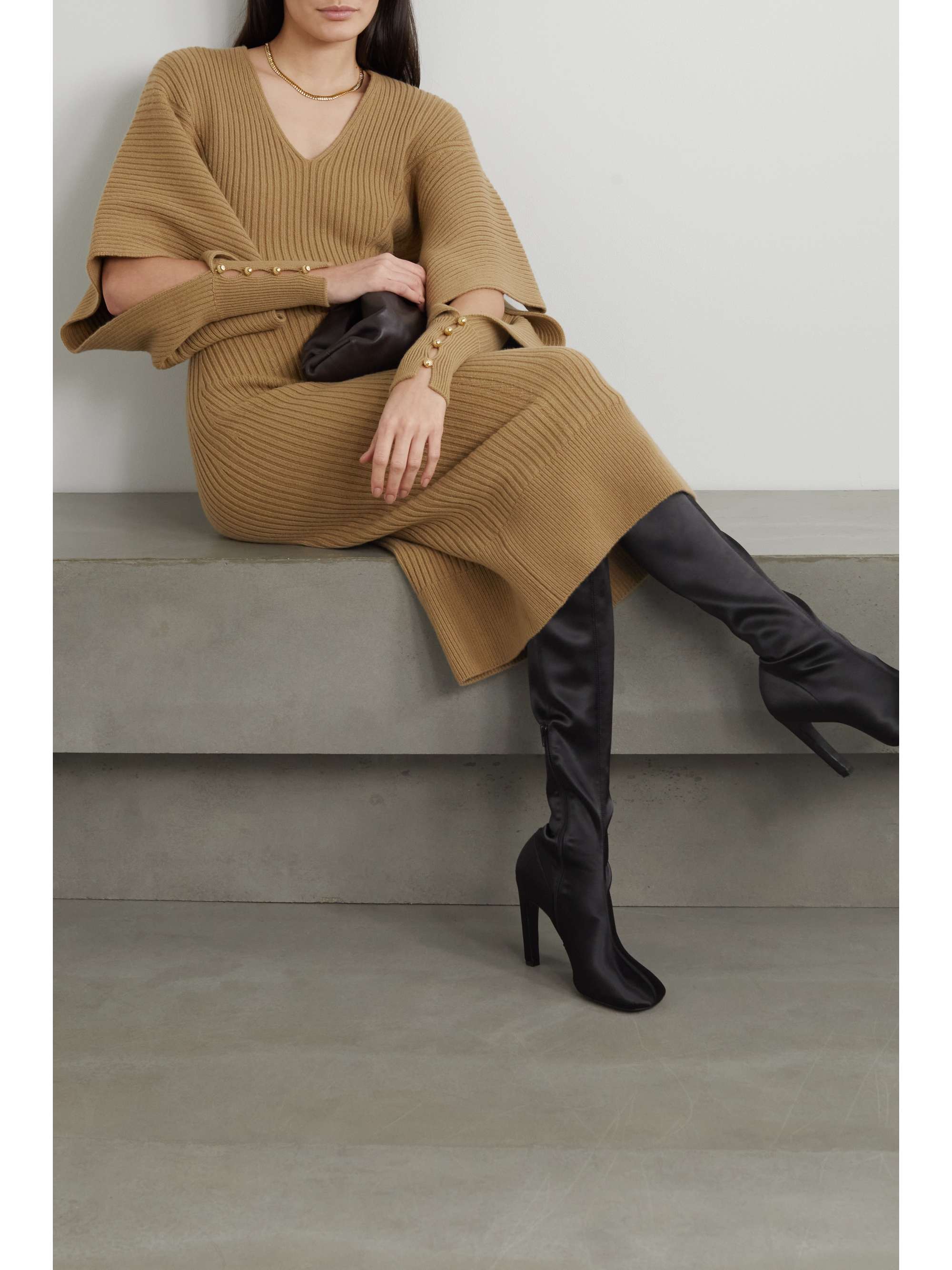 LANVIN 挖剪带缀饰罗纹羊毛羊绒混纺中长连衣裙