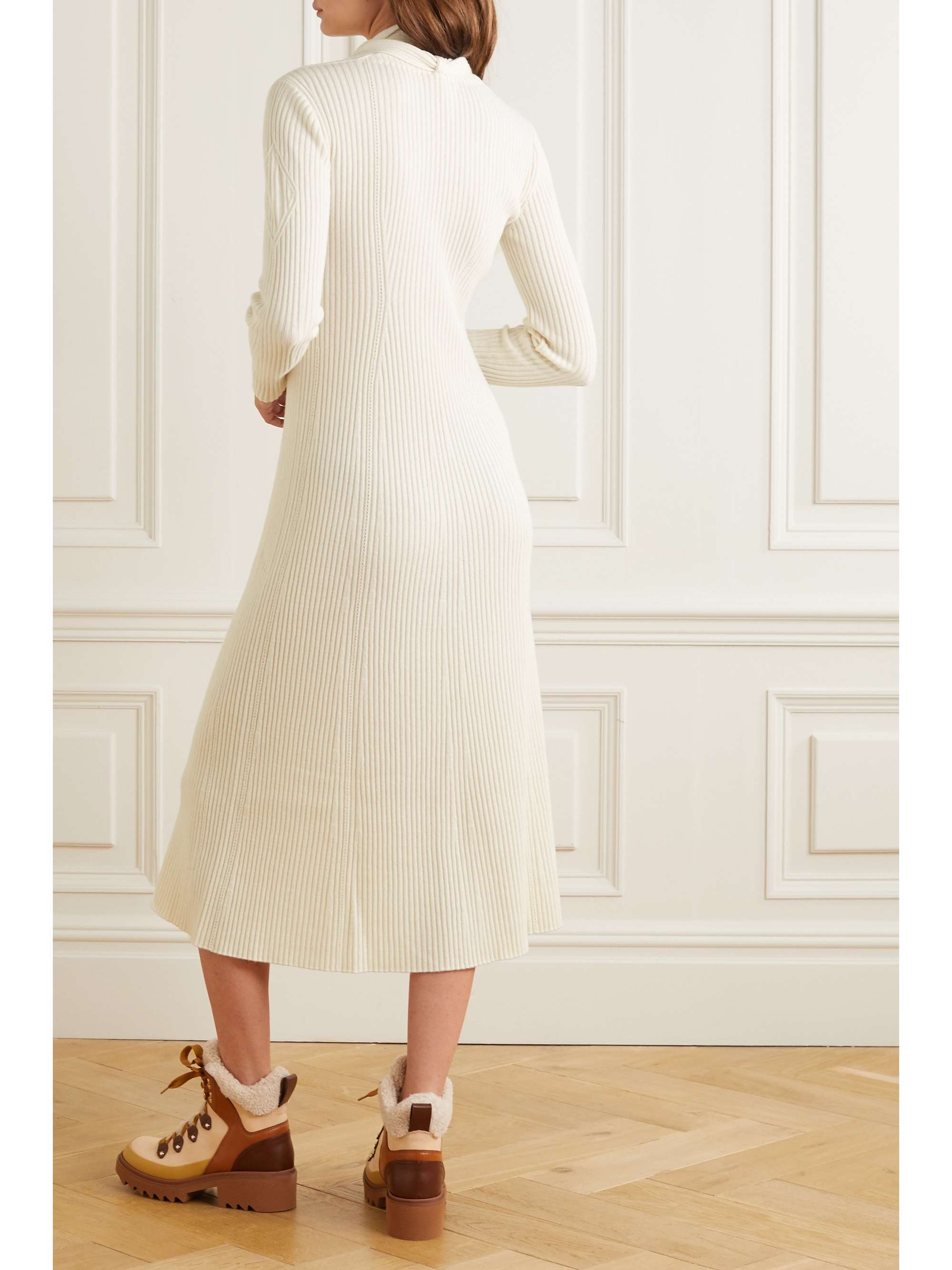 CHLOÉ Tie-neck ribbed wool and silk-blend midi dress