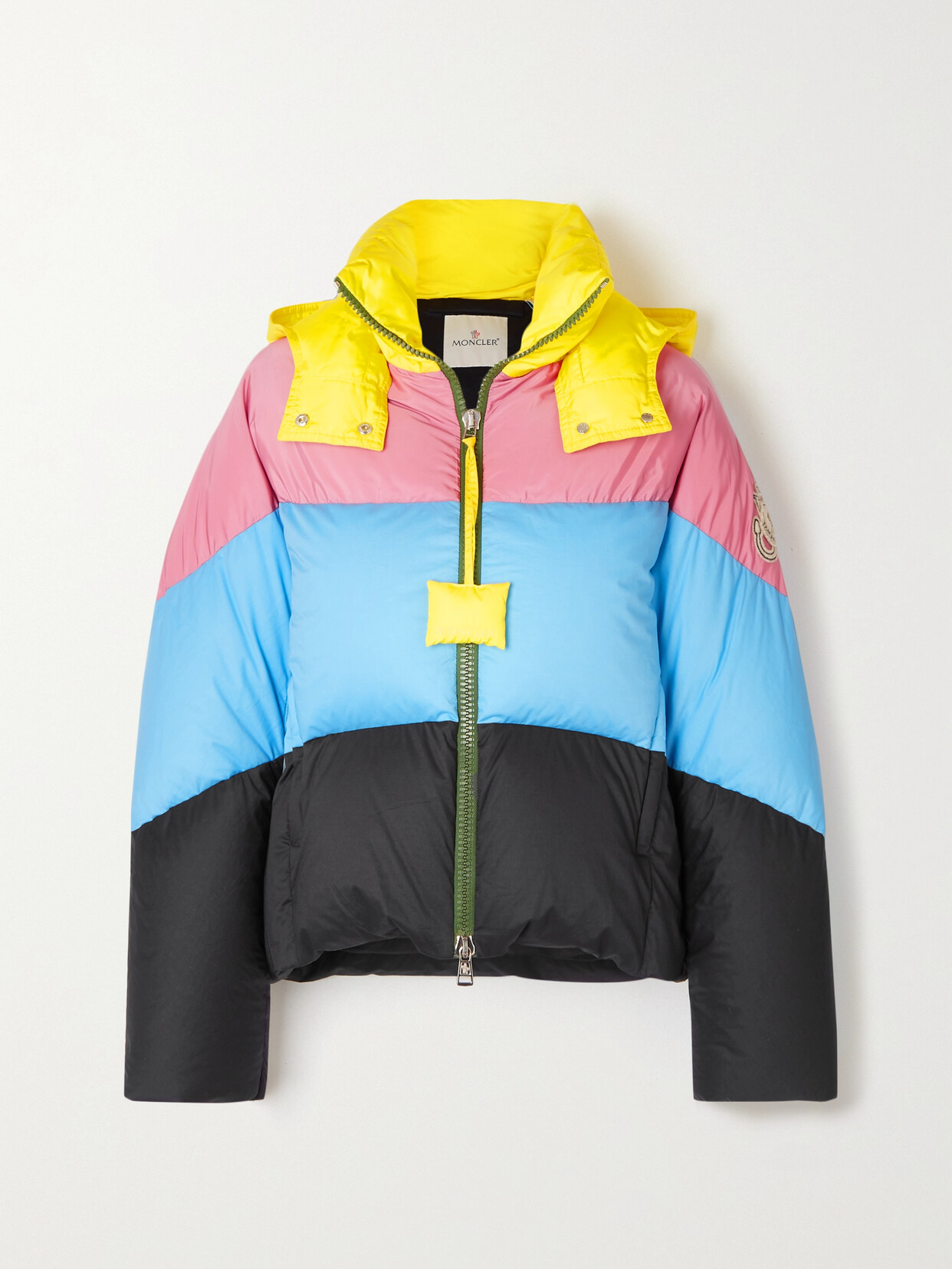 MONCLER GENIUS + 1 JW ANDERSON BICKLY COLOR-BLOCK HOODED QUILTED SHELL DOWN JACKET