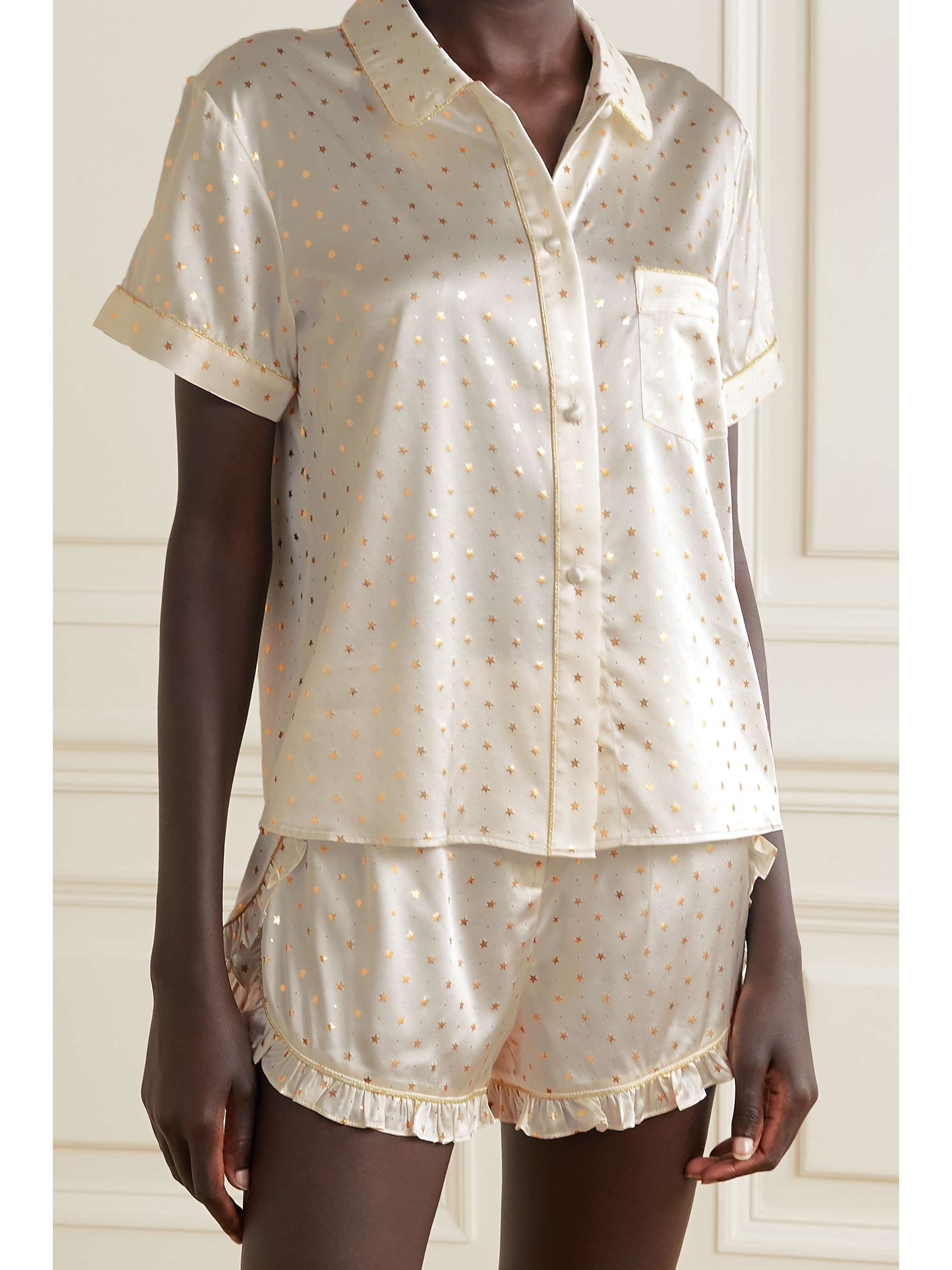 MORGAN LANE Tami metallic-trimmed printed silk-blend satin pajama shirt