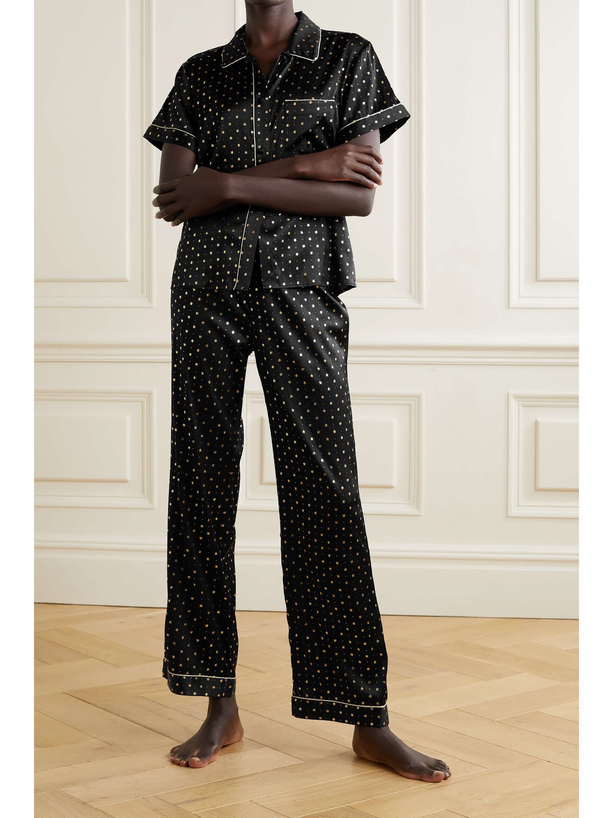 MORGAN LANE Chantal metallic-trimmed printed silk-blend satin pajama pants