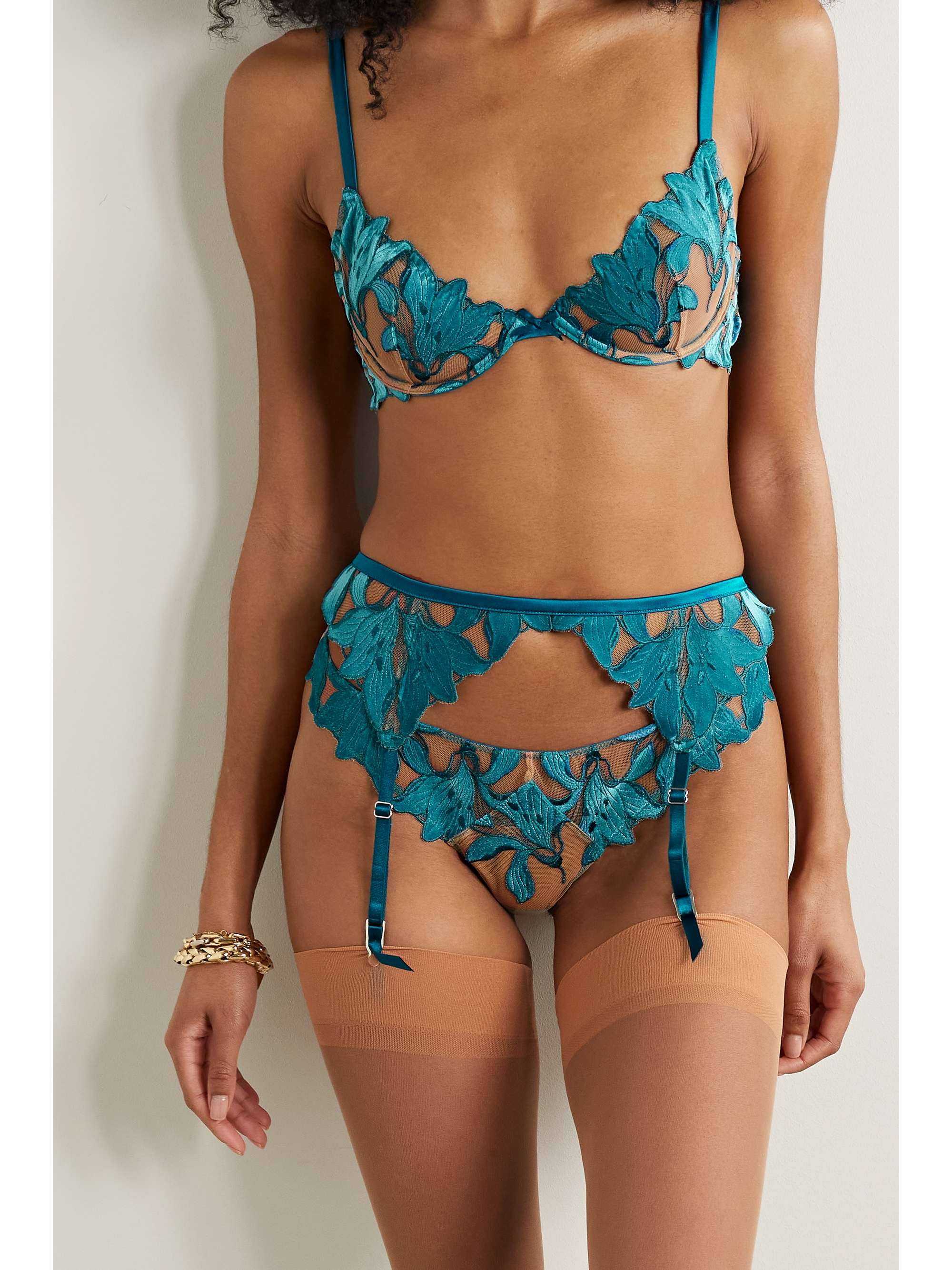 FLEUR DU MAL Lily velvet and satin-trimmed embroidered tulle suspender belt