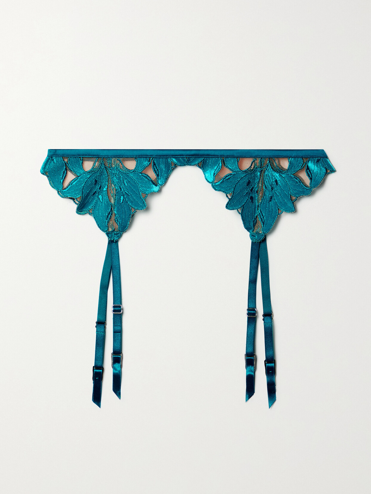 FLEUR DU MAL – Lily Velvet And Satin-trimmed Embroidered Tulle Suspender Belt – Turquoise FLEUR DU MAL – Lily Velvet And Satin-trimmed Embroidered Tulle Suspender Belt – Turquoise