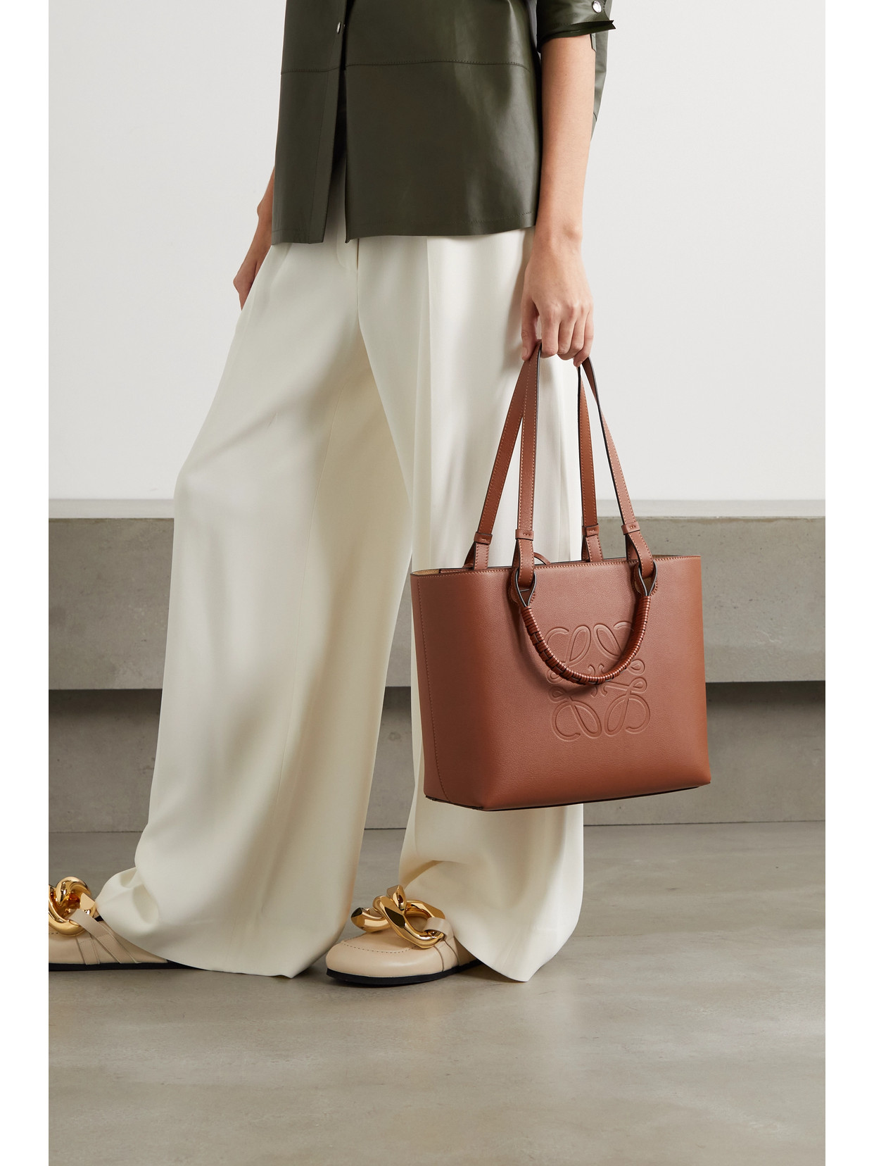 Shop Loewe Anagram Small Debossed Textured-leather Tote In Tan