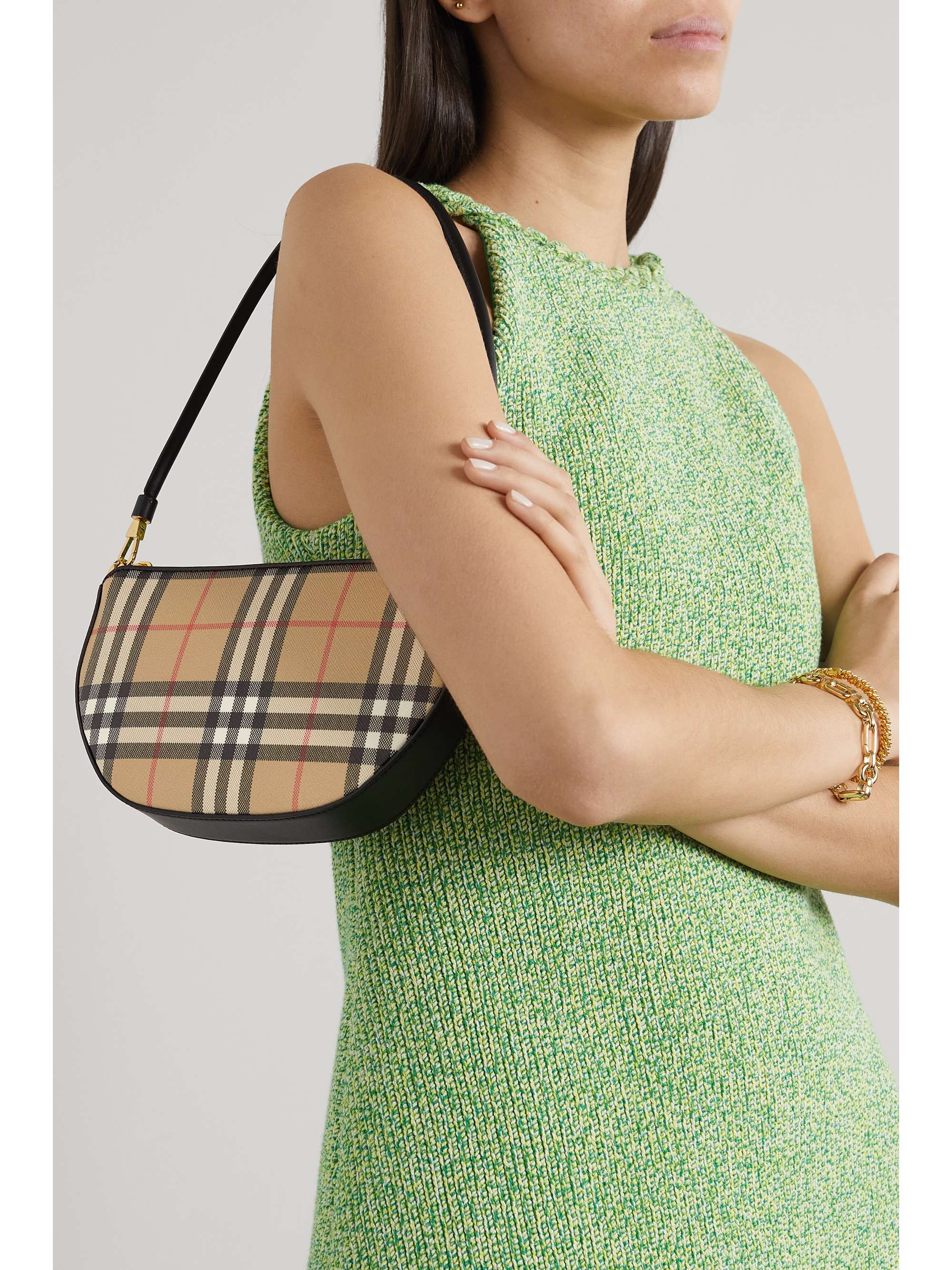 Leather-trimmed checked canvas shoulder bag