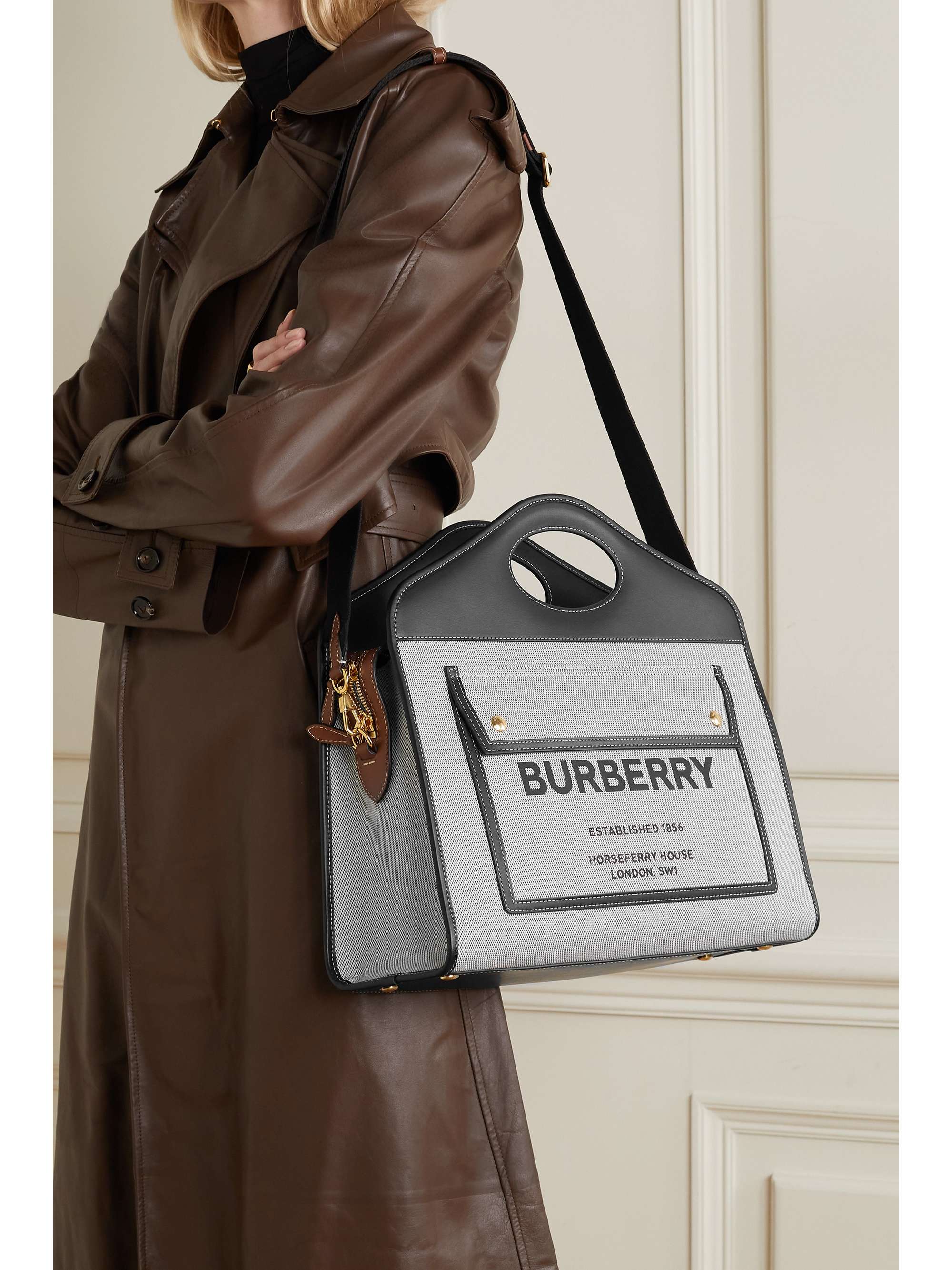 BURBERRY Medium leather-trimmed printed canvas tote