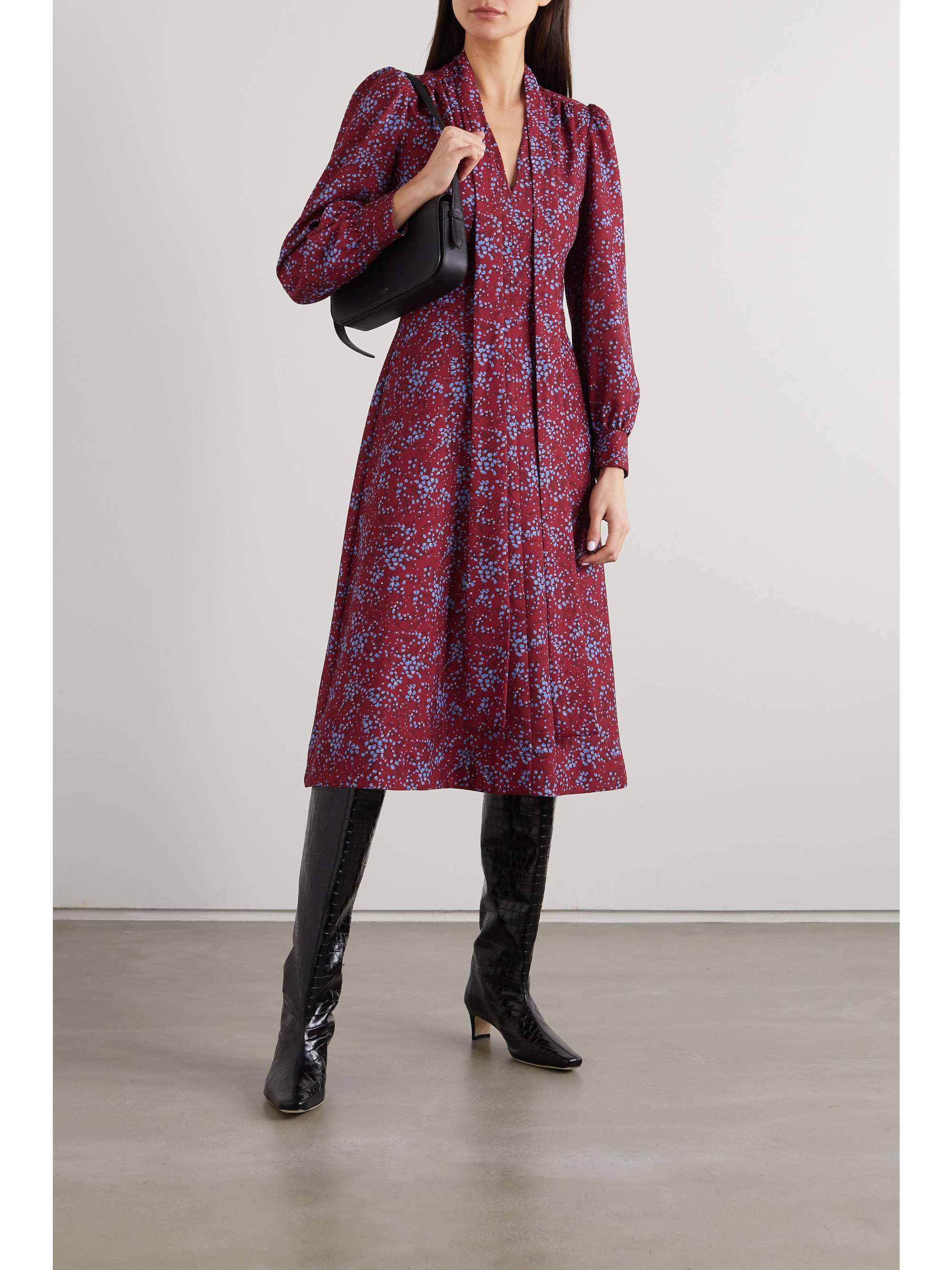 Pussy-bow floral-print crepe midi dress 