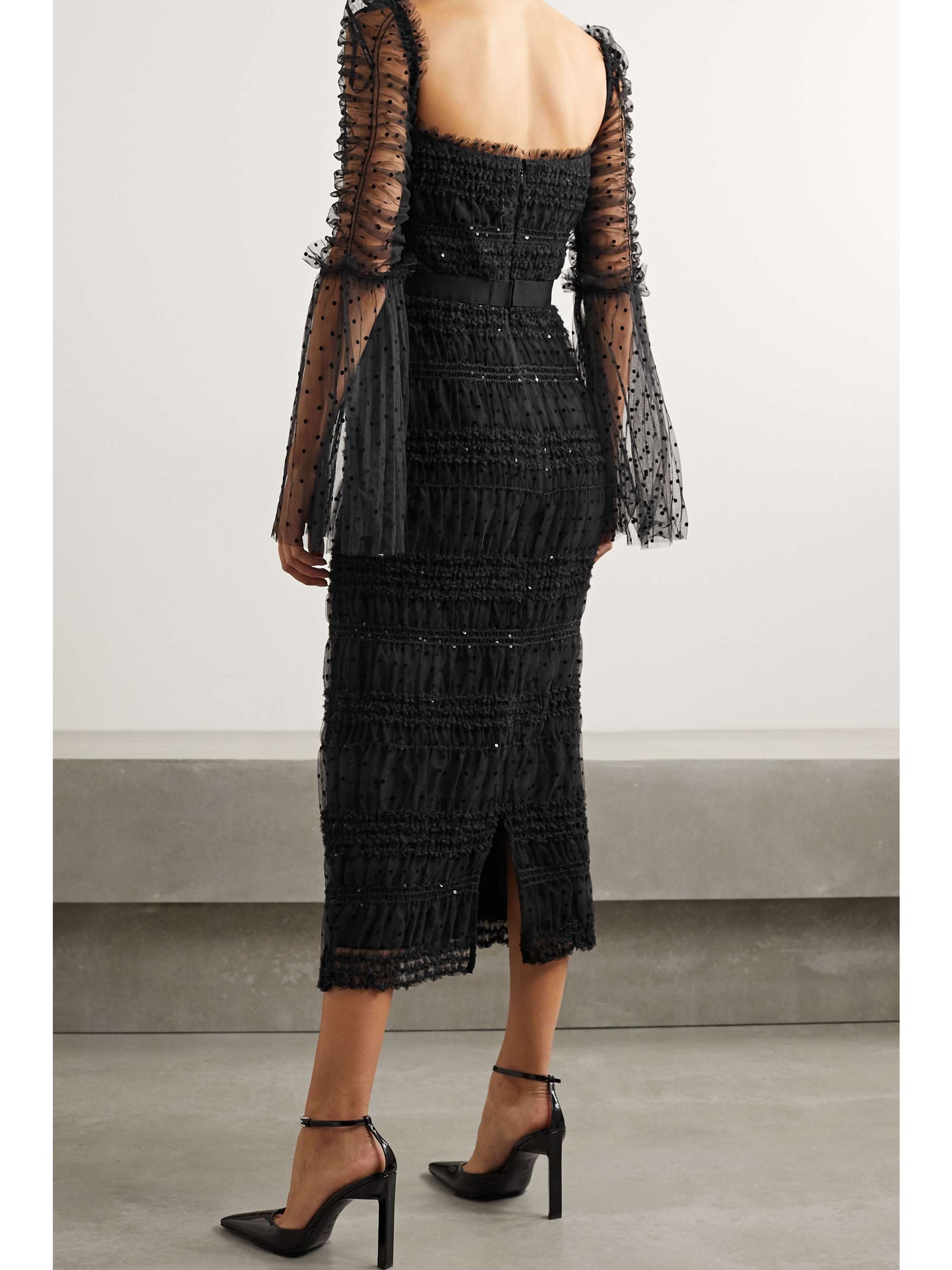 SELF-PORTRAIT Ruched sequin-embellished polka-dot flocked tulle midi dress