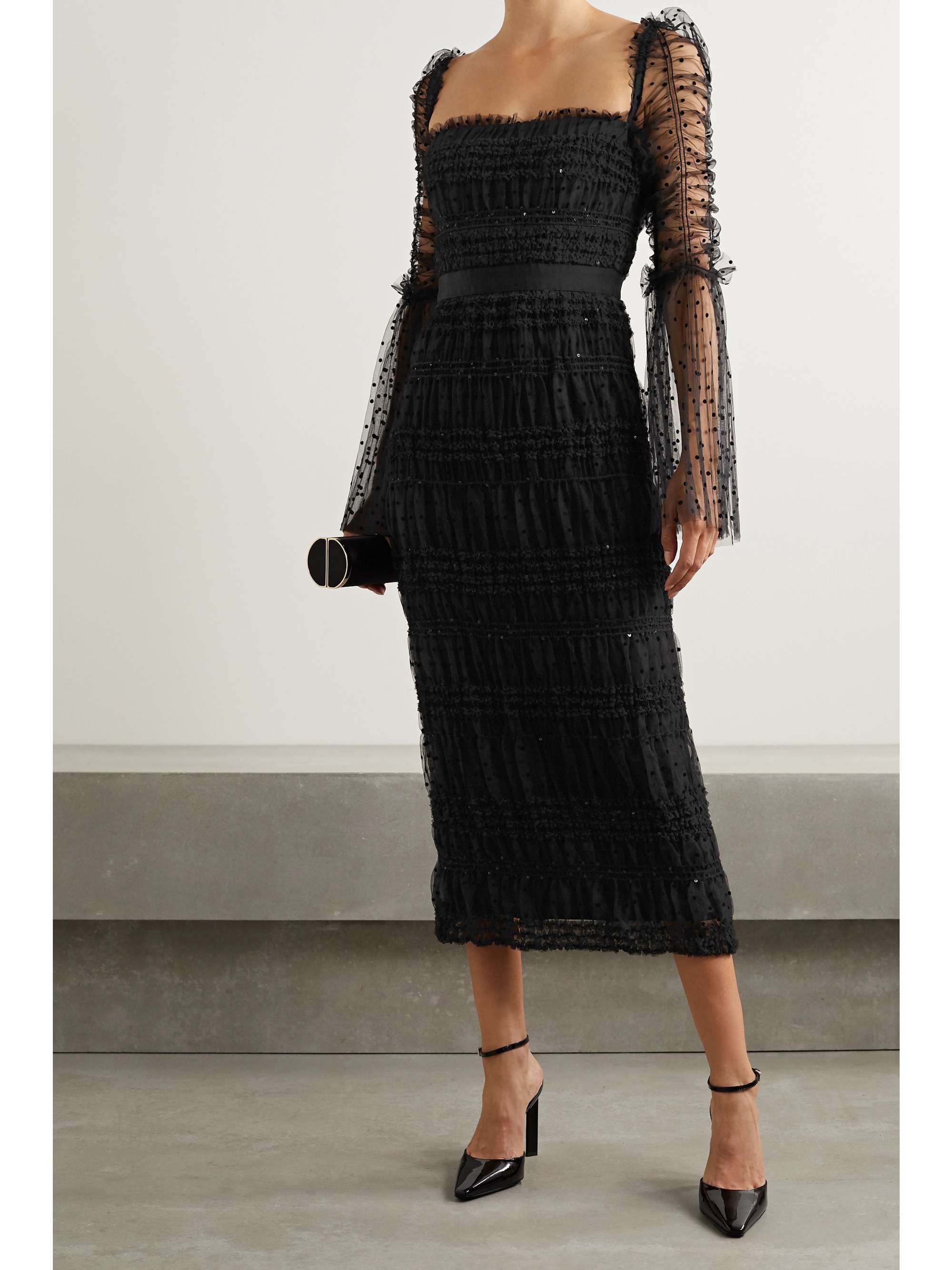 SELF-PORTRAIT Ruched sequin-embellished polka-dot flocked tulle midi dress