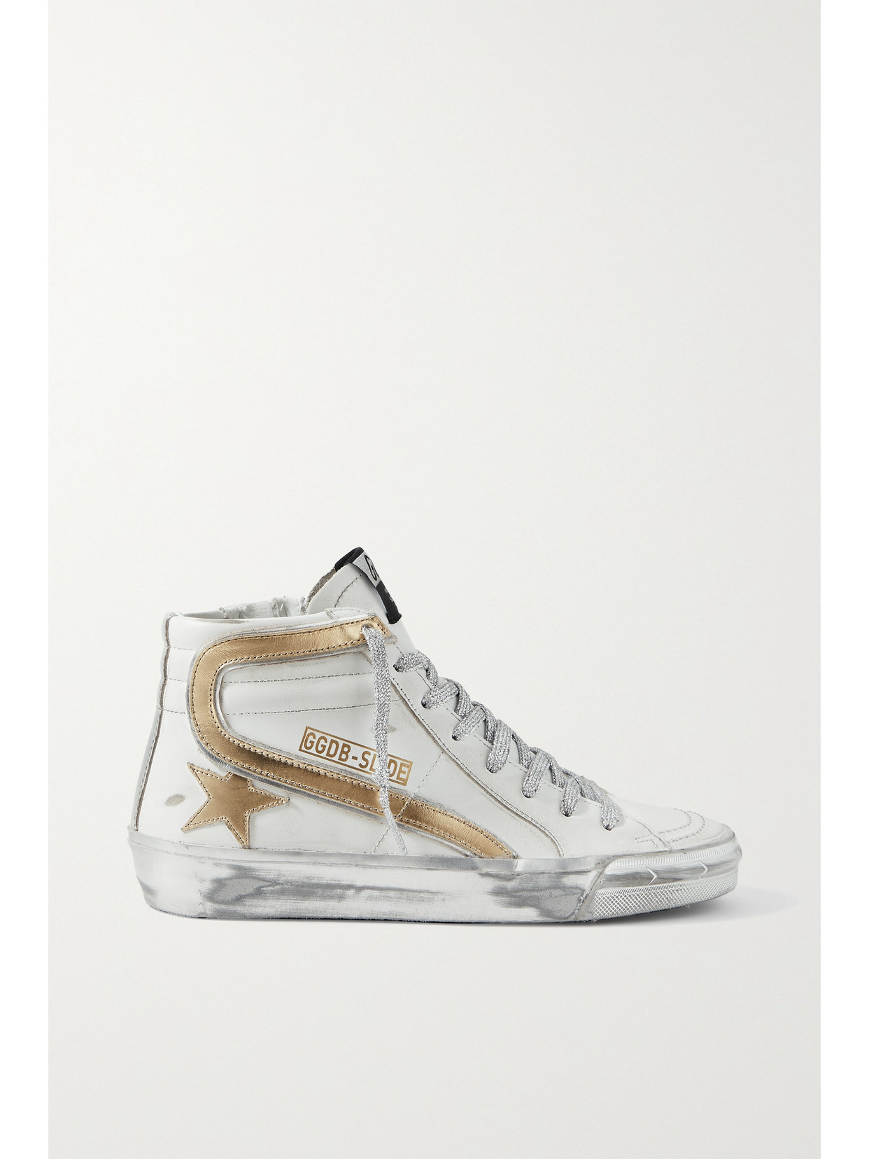 Golden Goose Slide Metallic Distressed Leather High-top Sneakers In White
