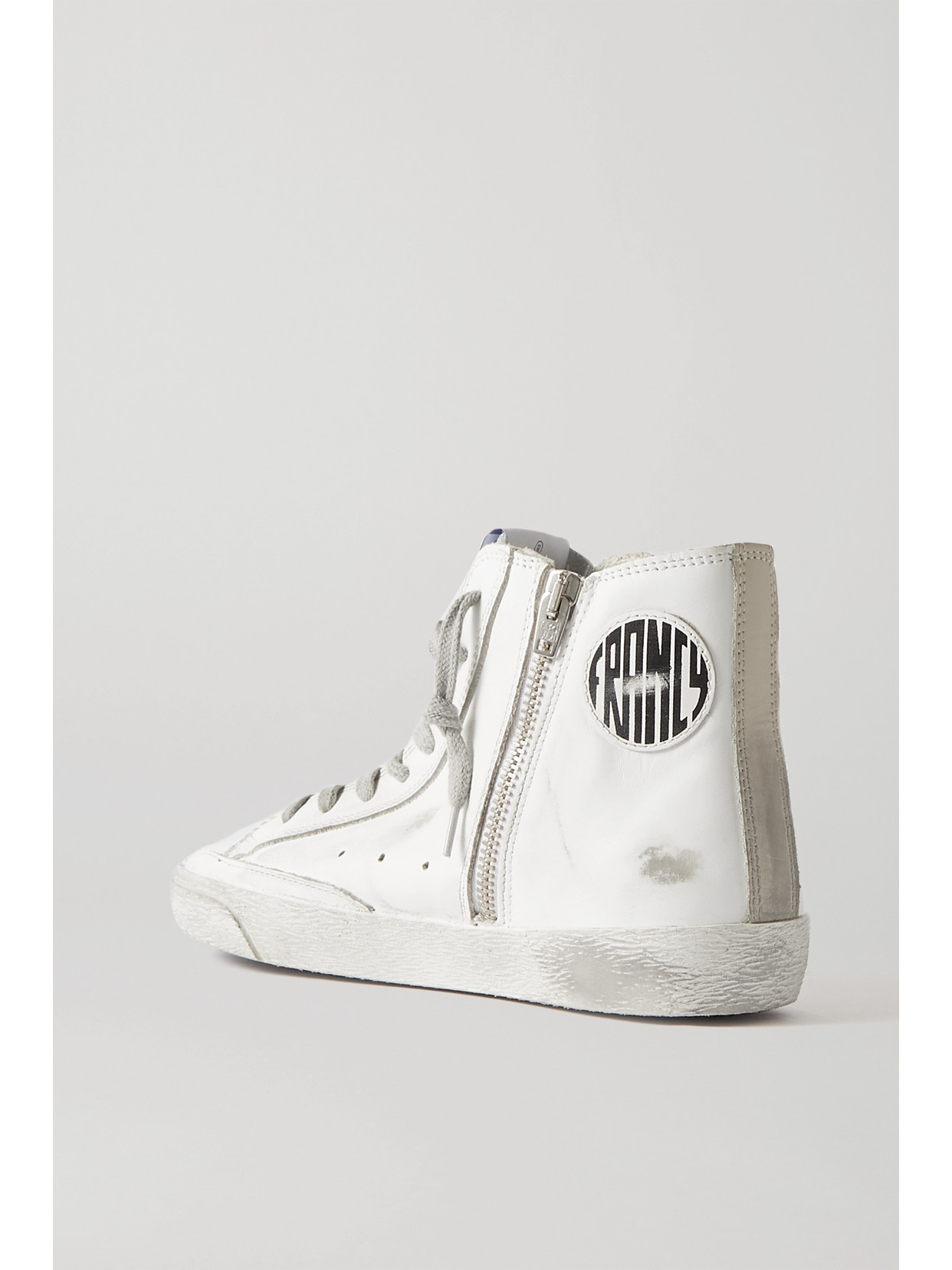 GOLDEN GOOSE FRANCY GLITTERED DISTRESSED LEATHER AND SUEDE HIGH-TOP SNEAKERS