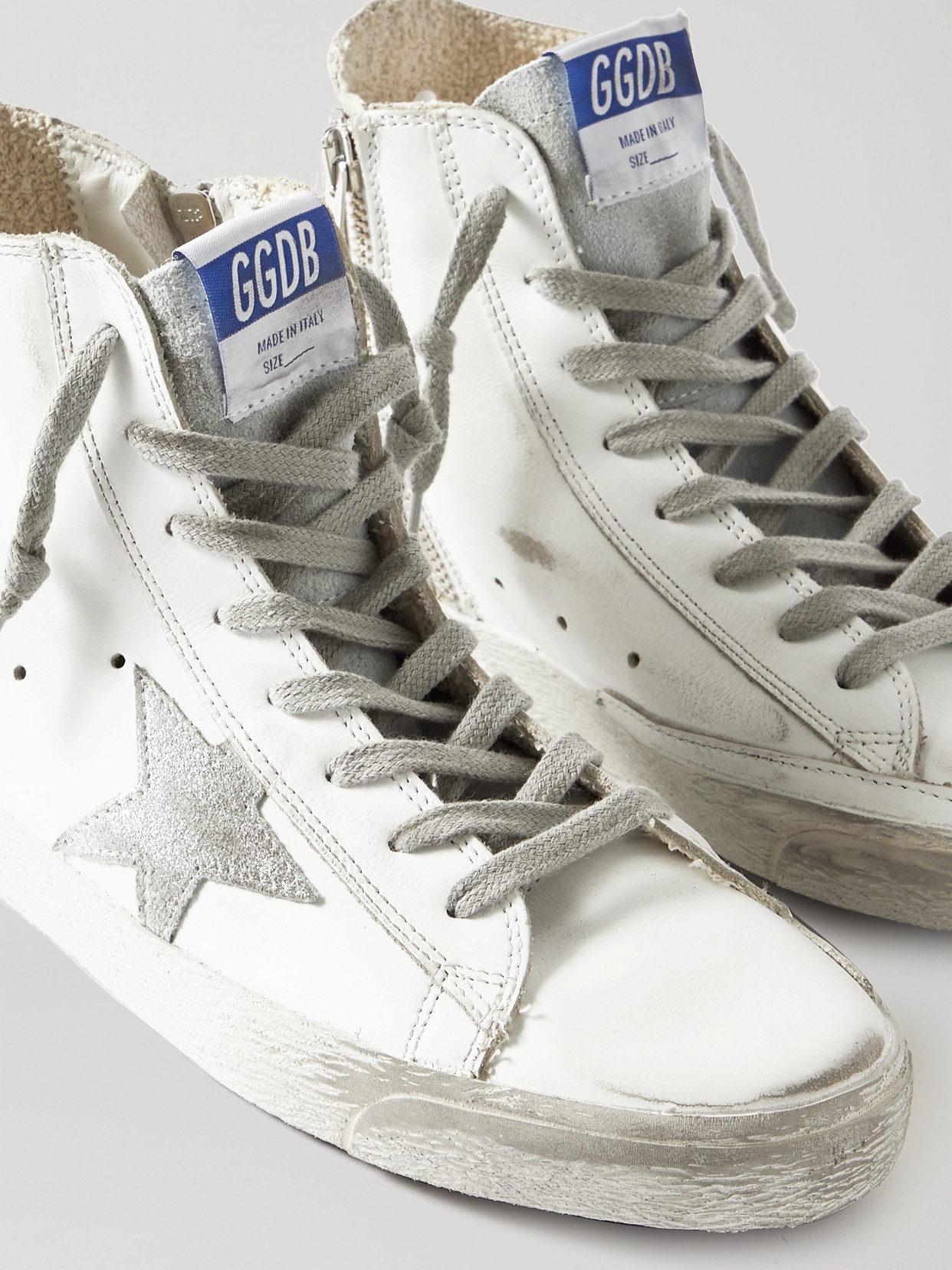 GOLDEN GOOSE FRANCY GLITTERED DISTRESSED LEATHER AND SUEDE HIGH-TOP SNEAKERS