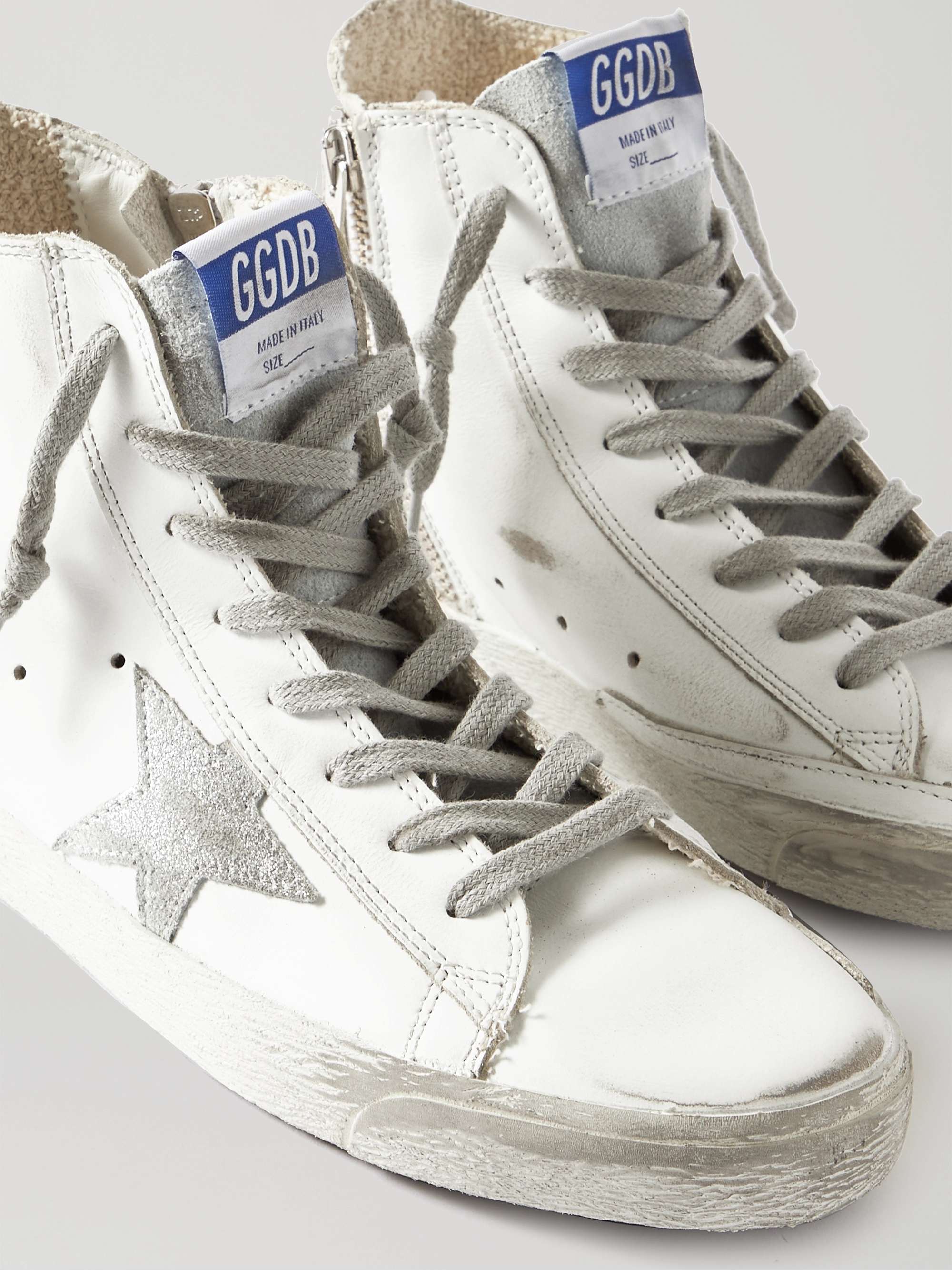 GOLDEN GOOSE Francy glittered distressed leather and suede high-top sneakers  | NET-A-PORTER