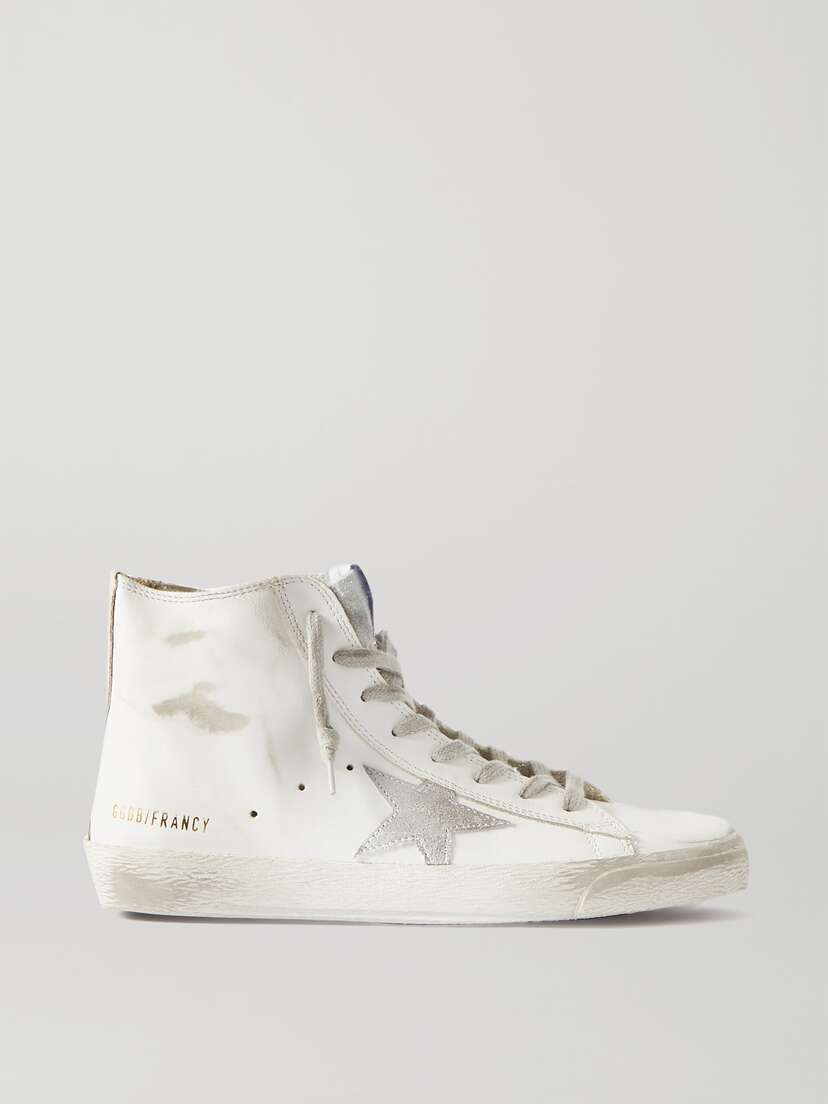 Golden Goose Francy Glittered Distressed Leather And Suede High-top Sneakers