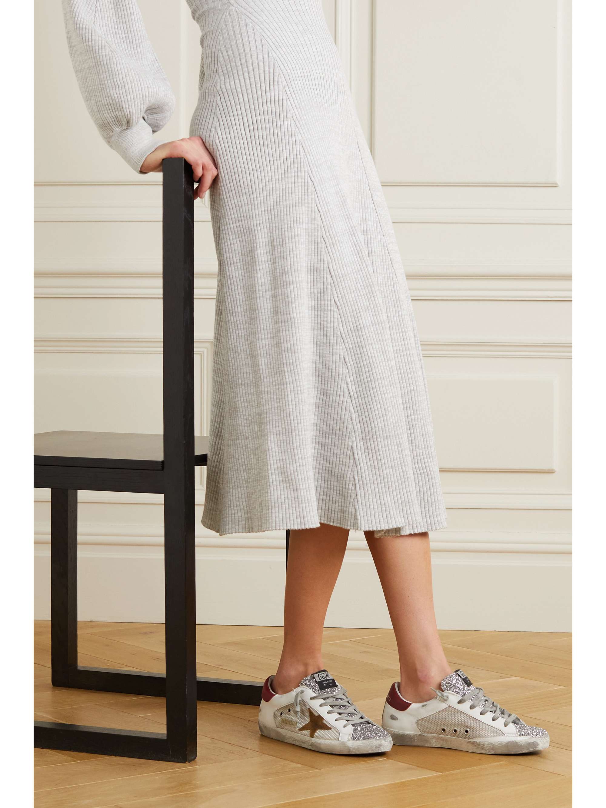 Superstar glittered distressed leather and suede sneakers Clearance