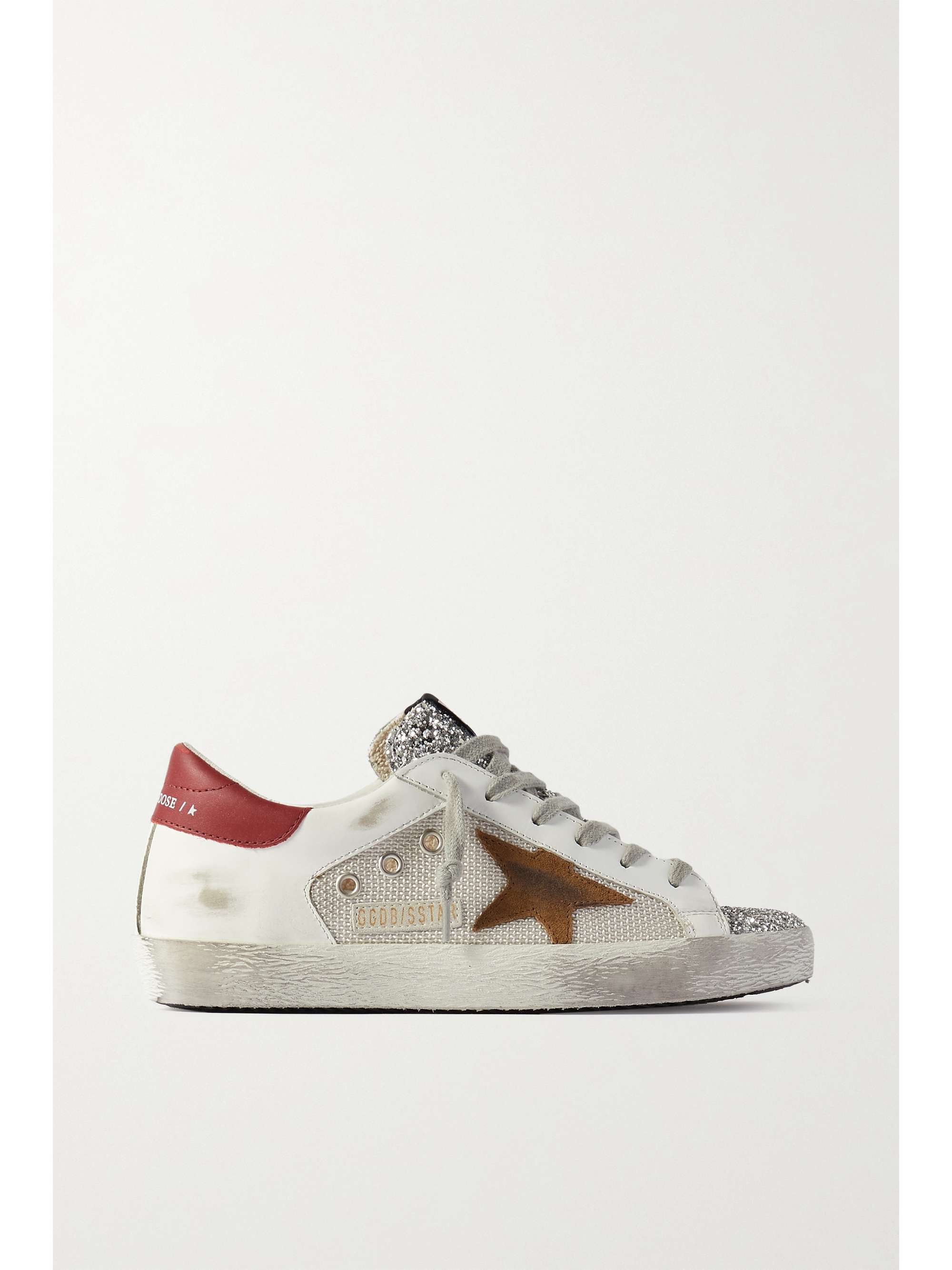 White Superstar glittered distressed leather and suede sneakers ...