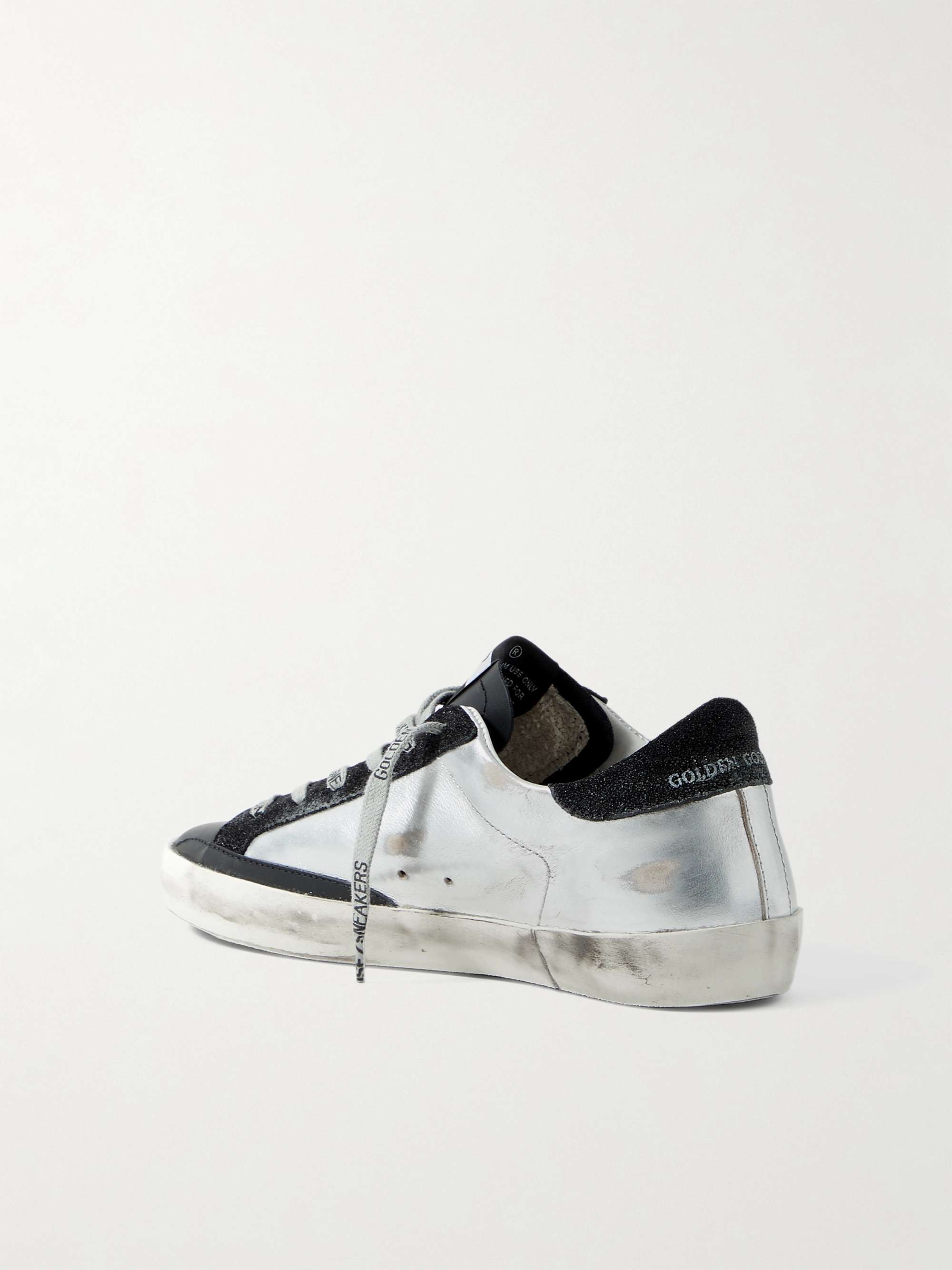 GOLDEN GOOSE Superstar metallic distressed leather and suede sneakers