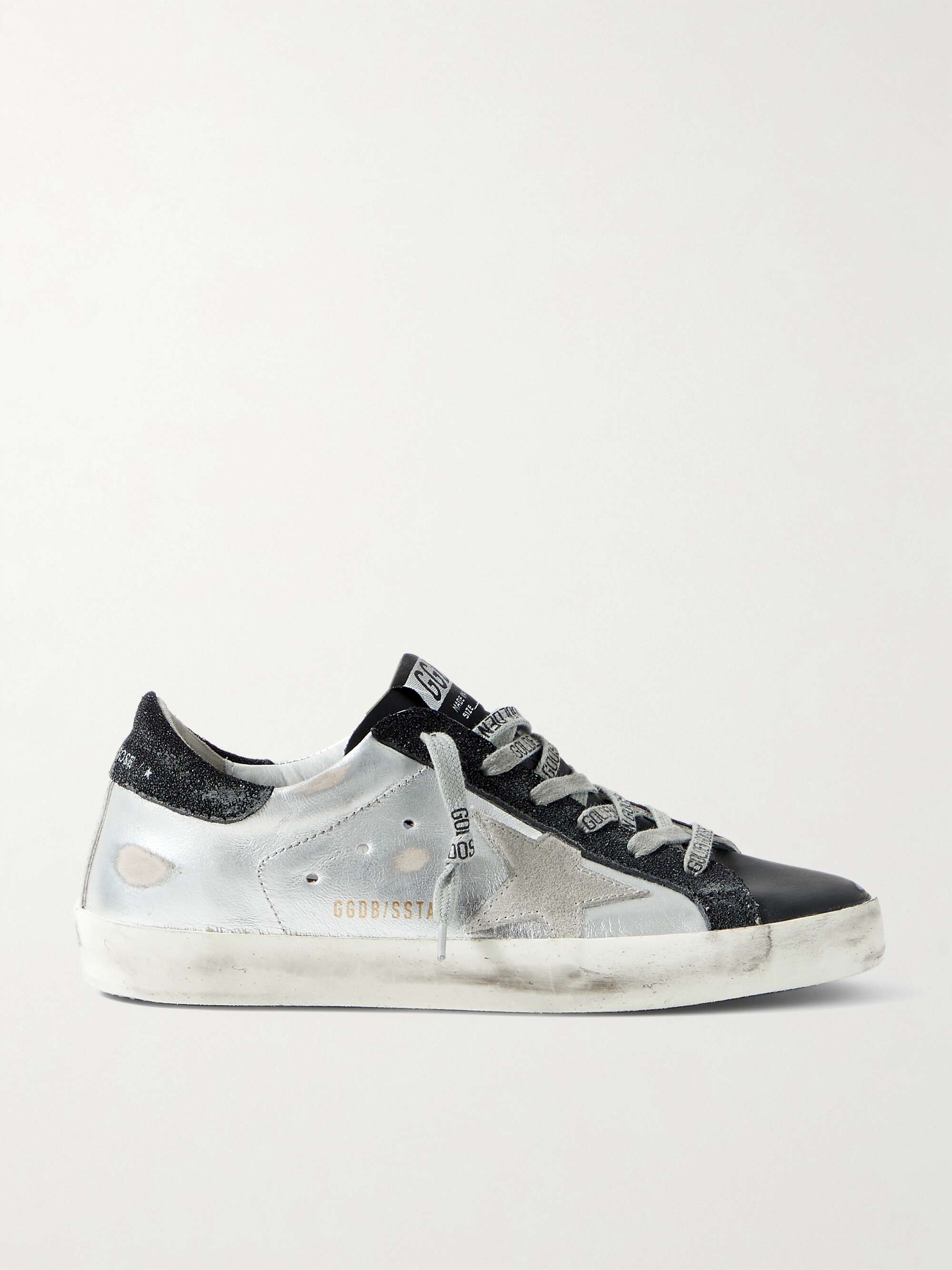 GOLDEN GOOSE Superstar metallic distressed leather and suede sneakers ...