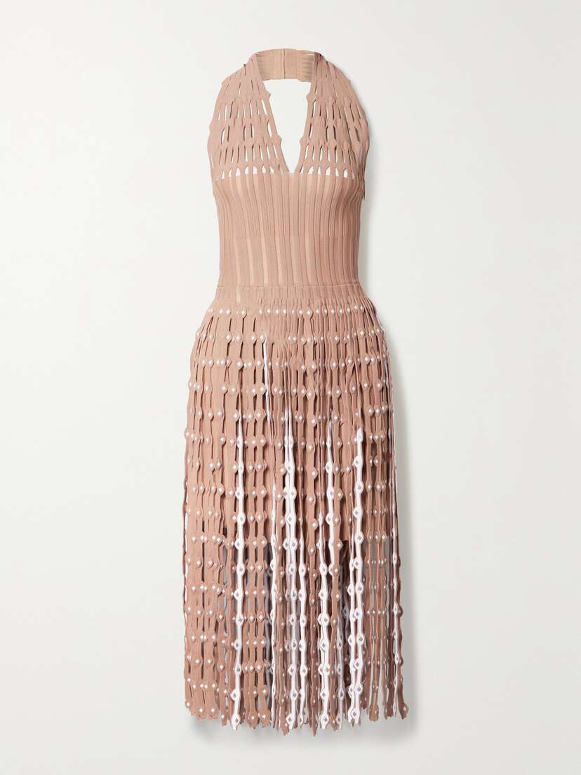 Alaïa Fringed Cutout Ribbed Stretch-knit Halterneck Midi Dress