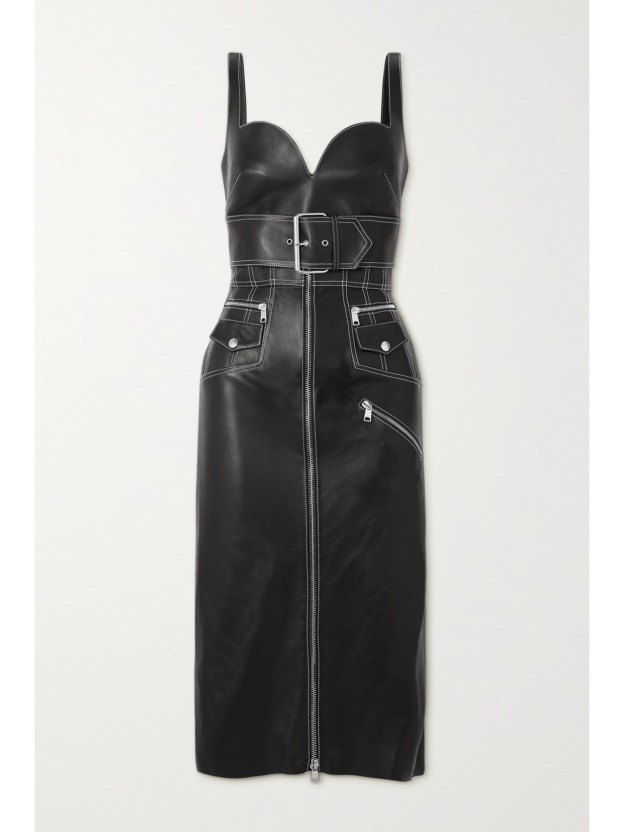 Alexander Mcqueen Belted Leather Midi Dress In Black/ivory | ModeSens