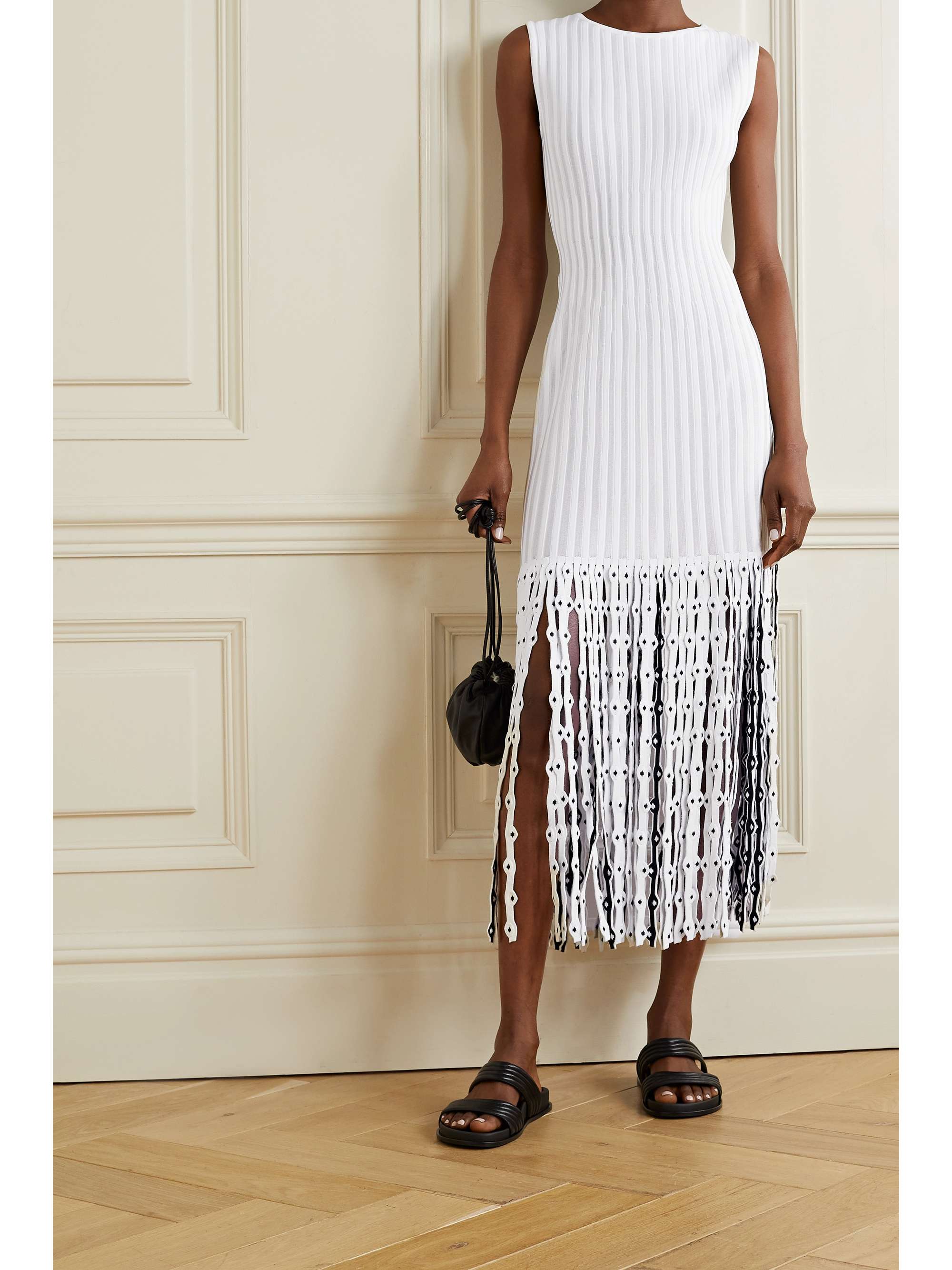 Fringed ribbed stretch-knit midi dress 