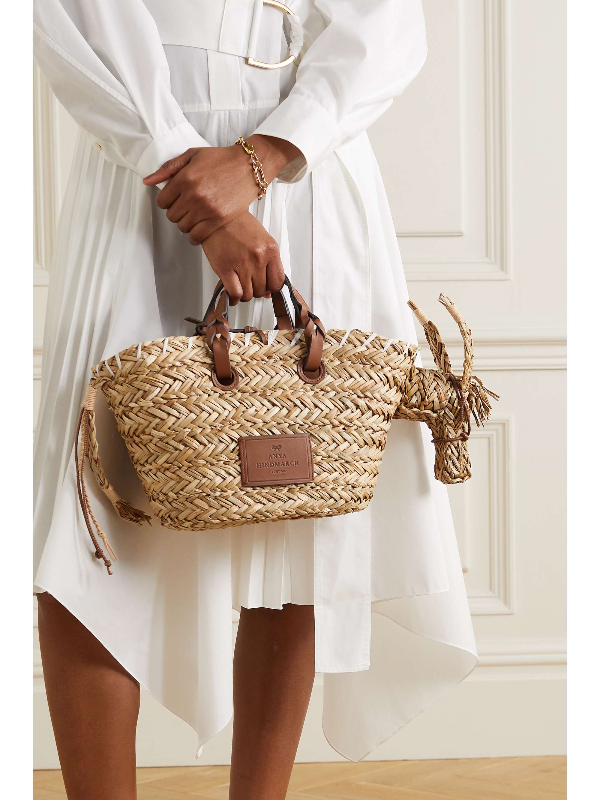 ANYA HINDMARCH Basket Donkey leather-trimmed woven raffia tote