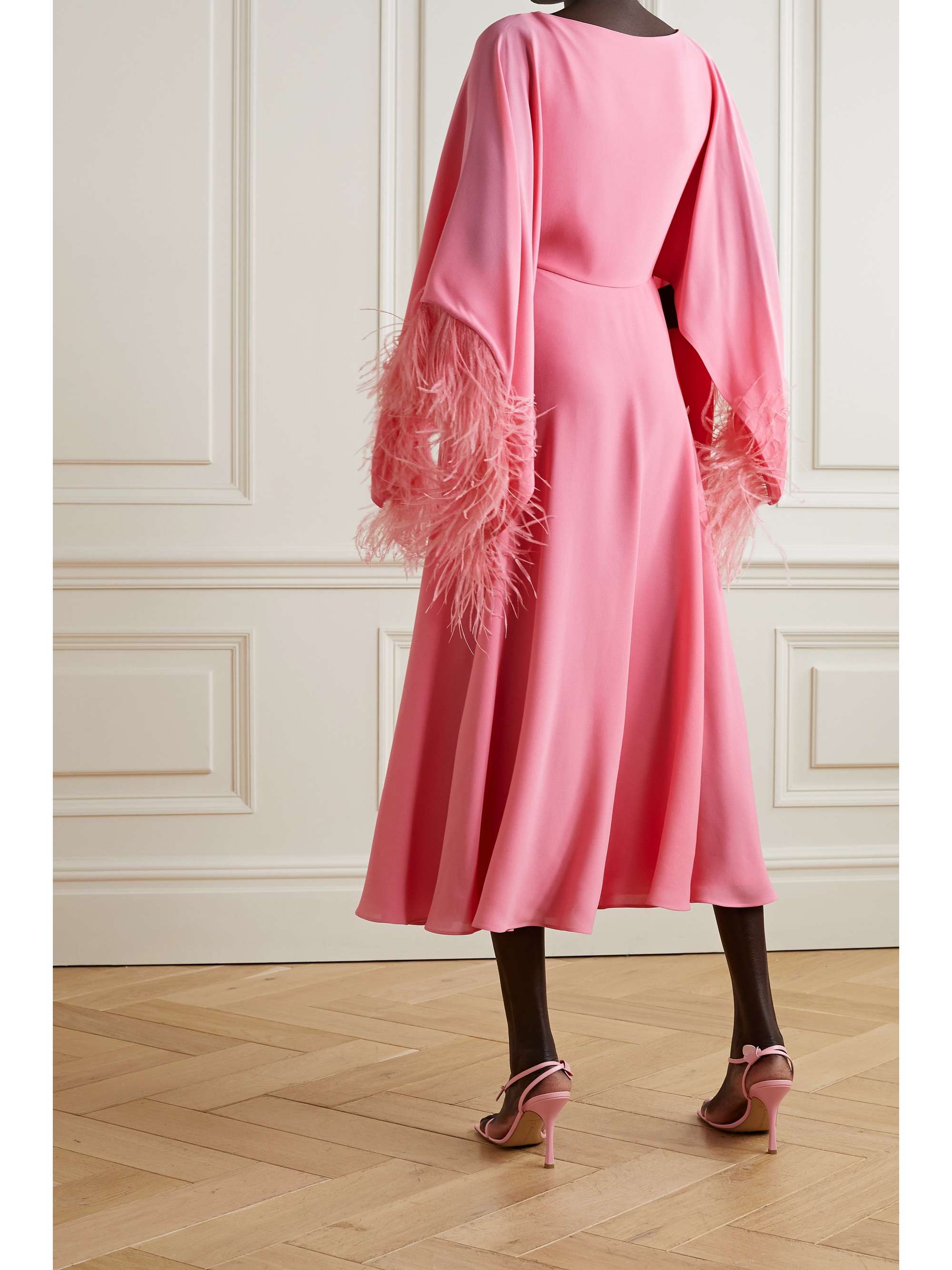 VALENTINO GARAVANI Feather-trimmed silk-crepe midi dress