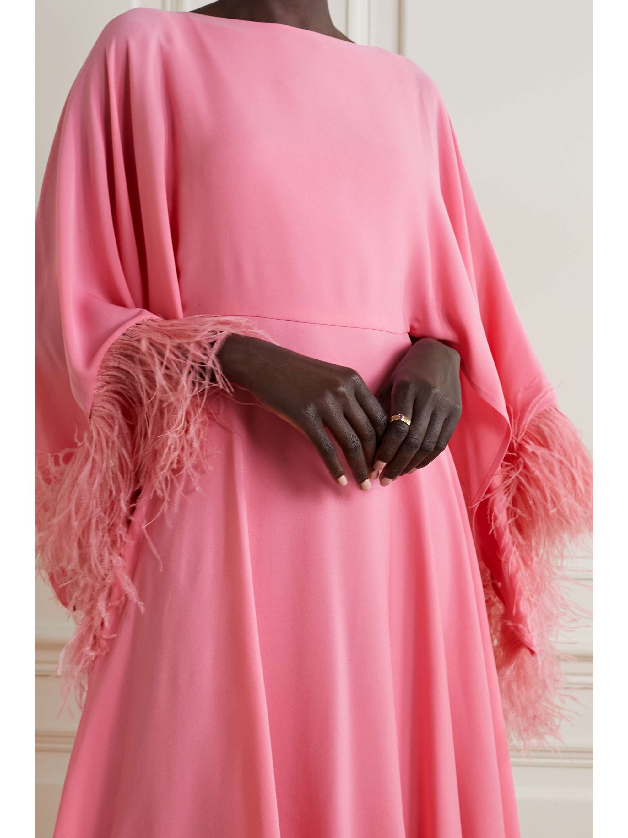 VALENTINO GARAVANI Feather-trimmed silk-crepe midi dress