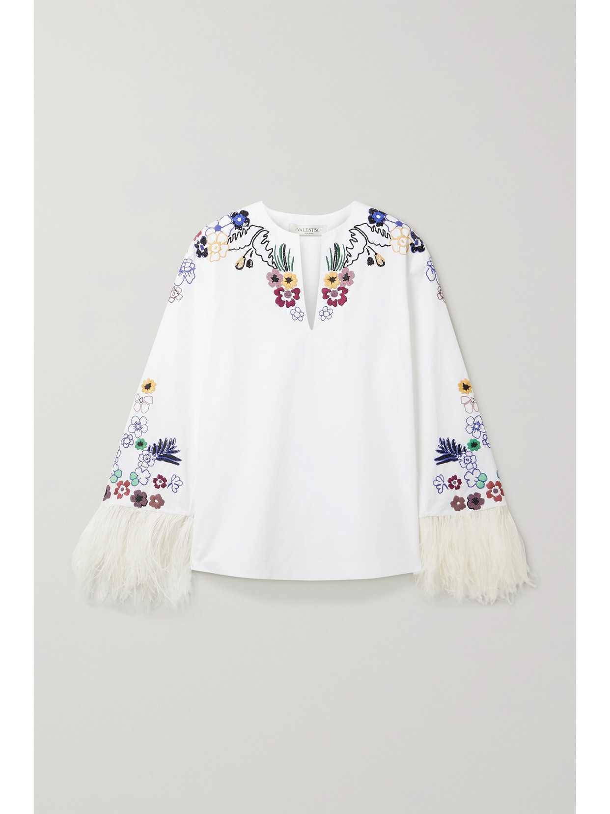 VALENTINO FEATHER-TRIMMED EMBELLISHED COTTON-POPLIN BLOUSE