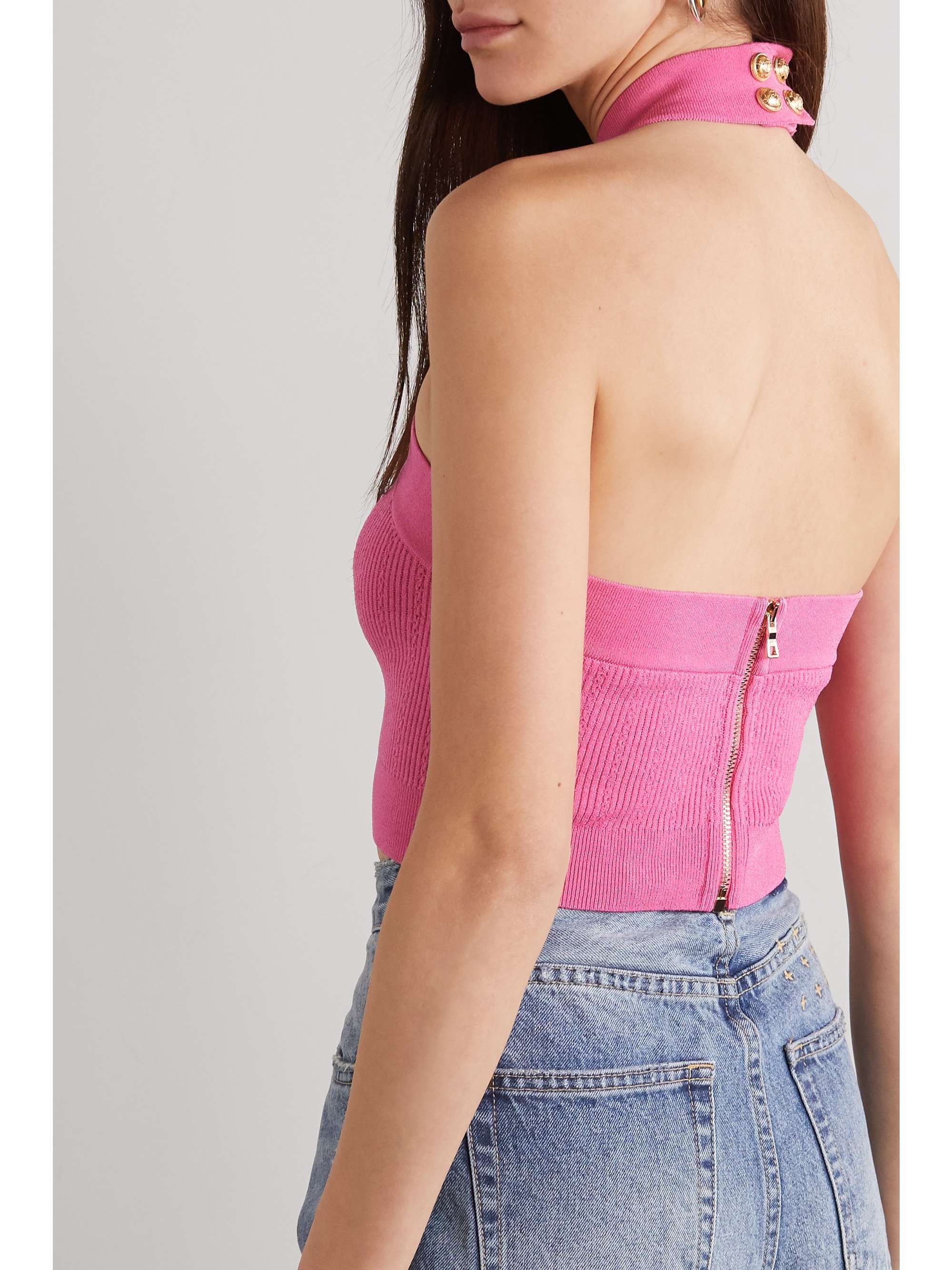 BALMAIN Cropped cutout ribbed-knit halterneck top