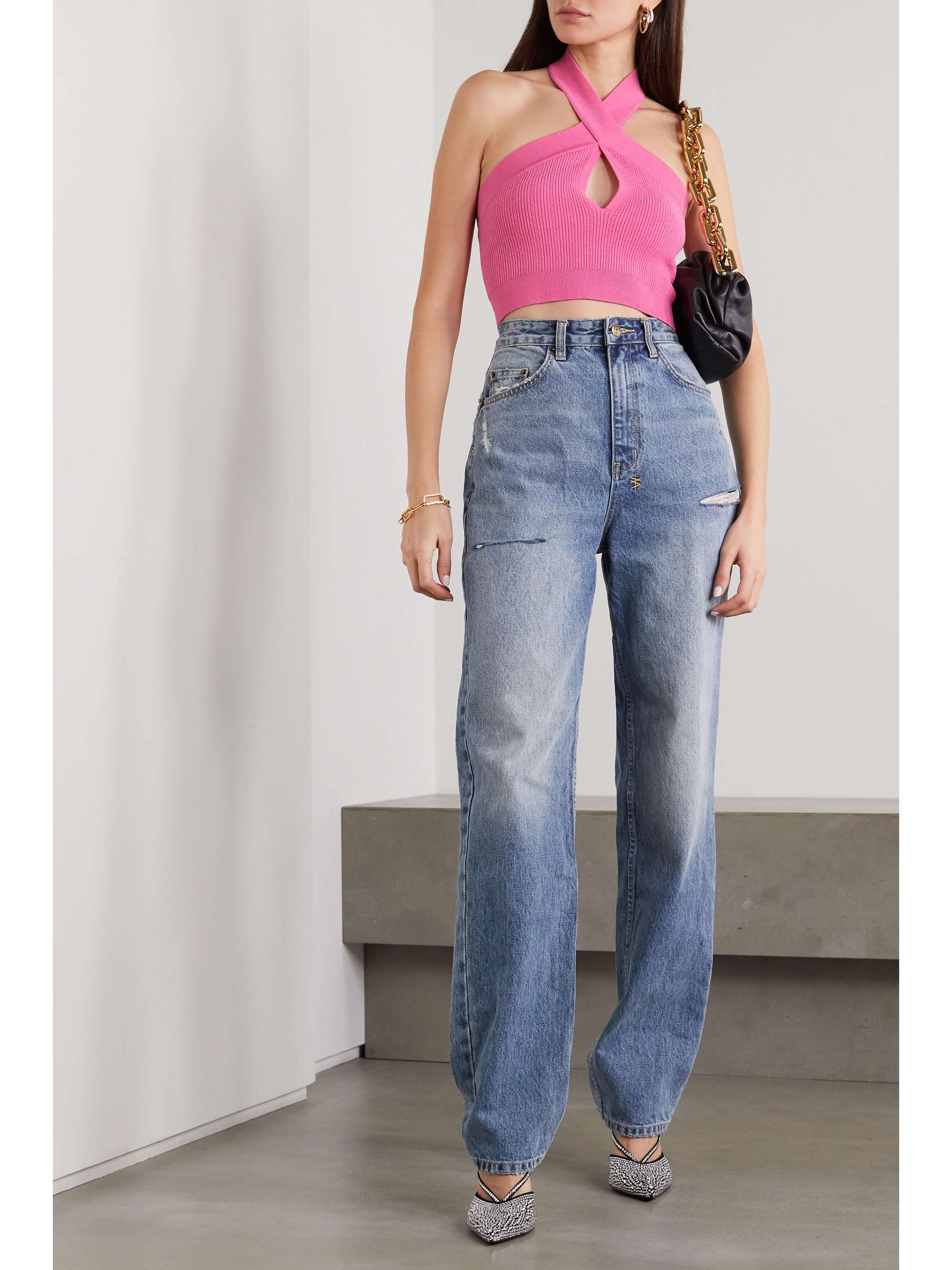 BALMAIN Cropped cutout ribbed-knit halterneck top