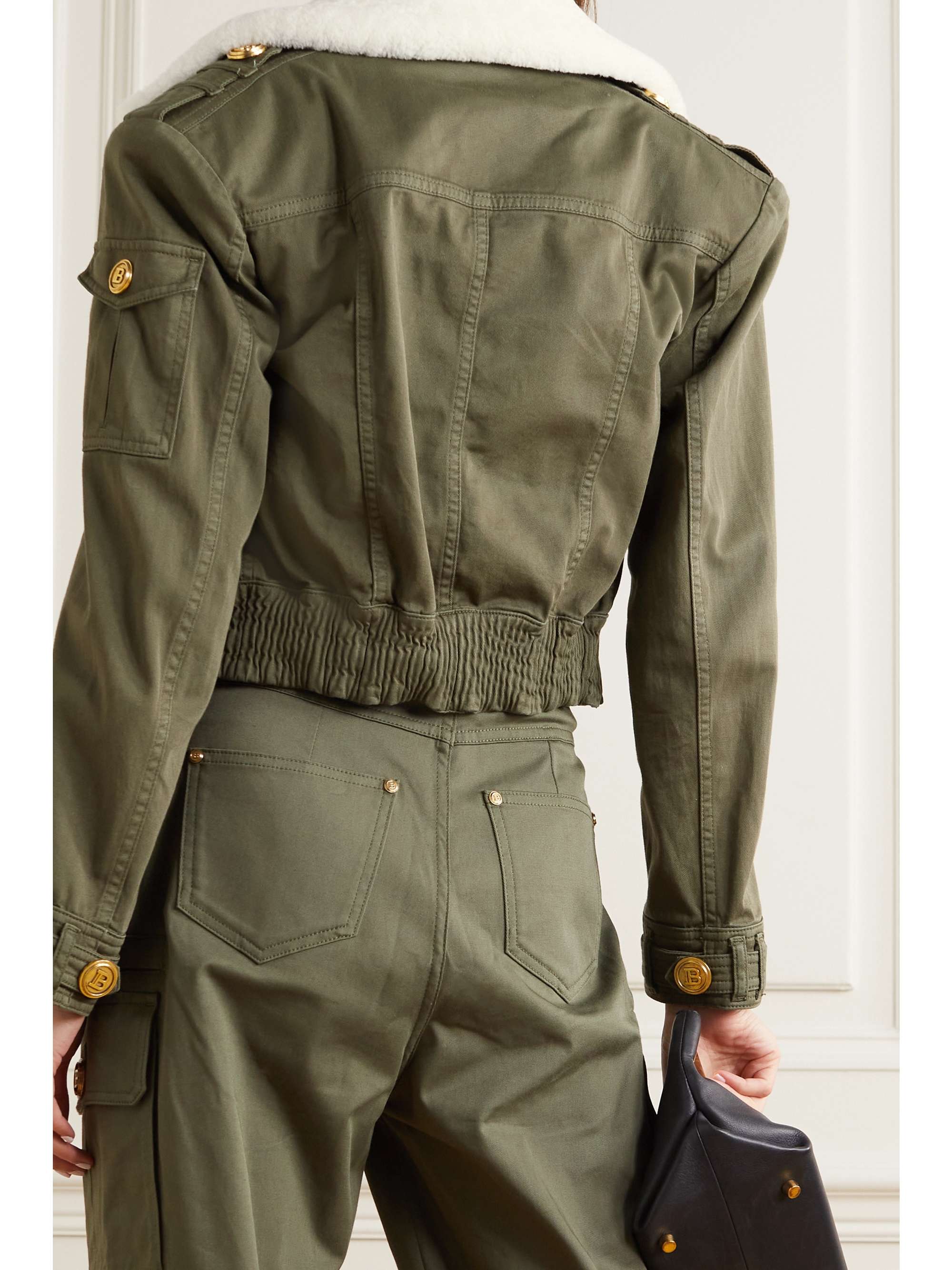 BALMAIN Button-embellished faux shearling-trimmed cotton-blend twill jacket