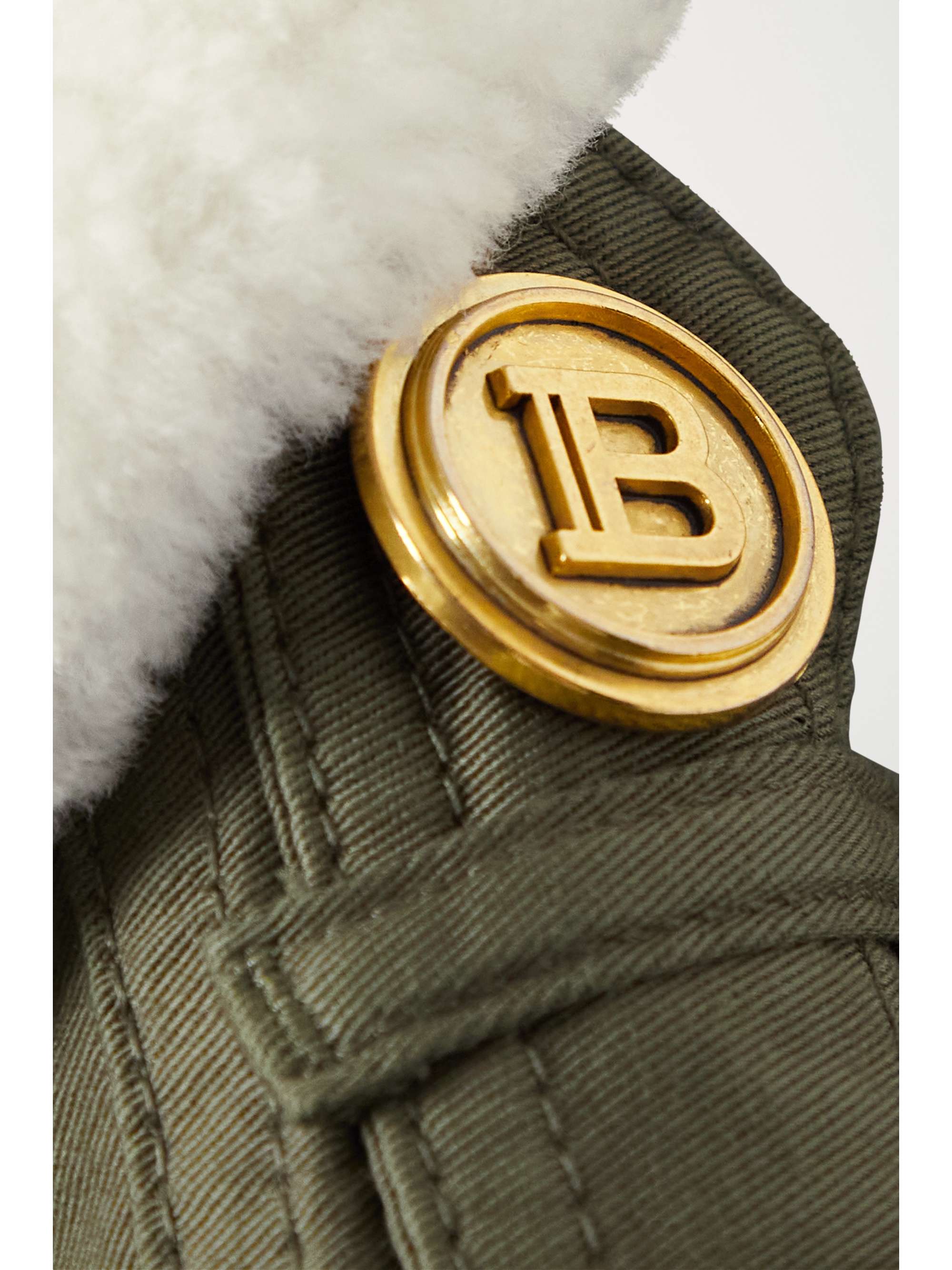 BALMAIN Button-embellished faux shearling-trimmed cotton-blend twill jacket