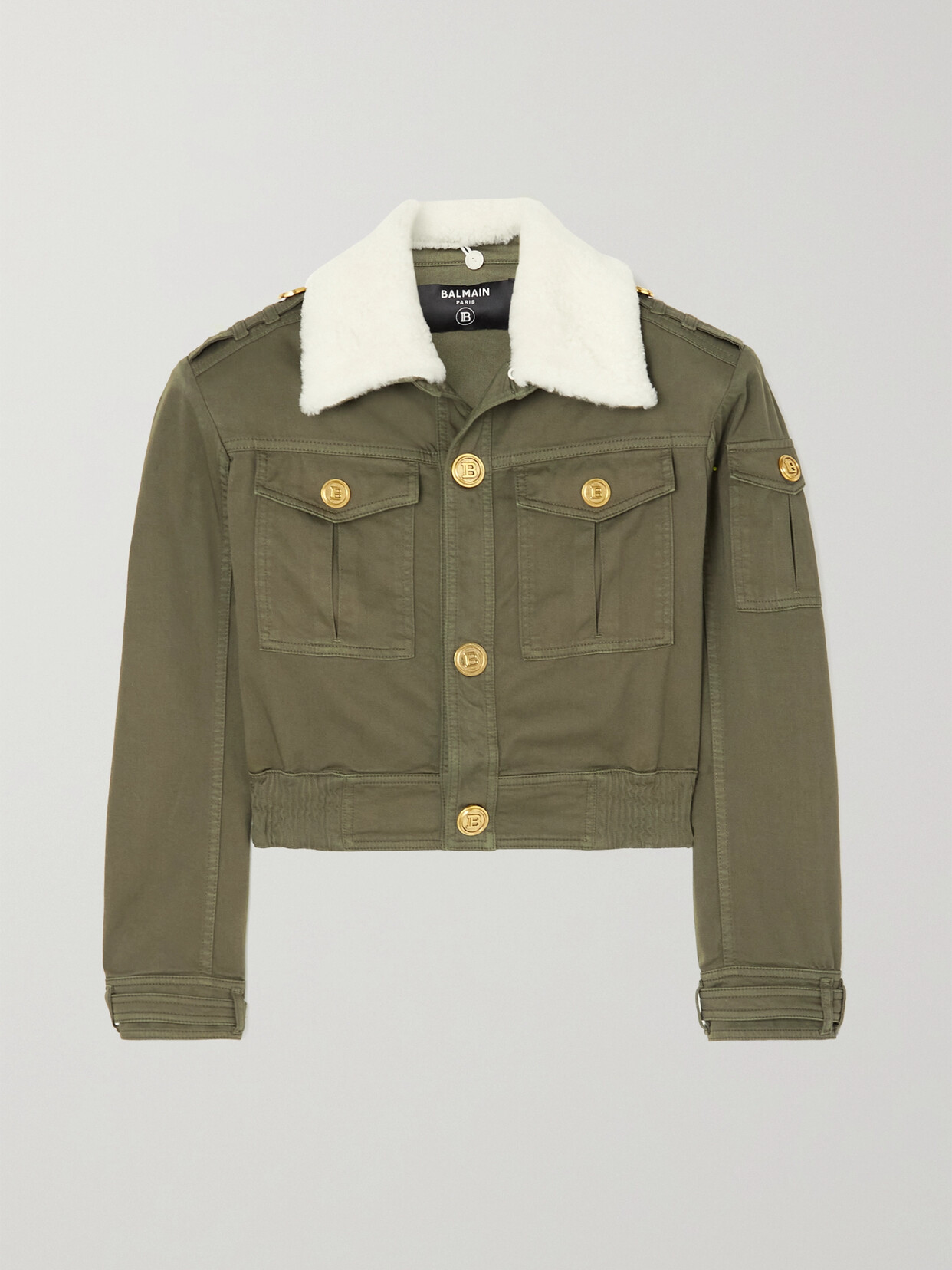 BALMAIN BUTTON-EMBELLISHED FAUX SHEARLING-TRIMMED COTTON-BLEND TWILL JACKET