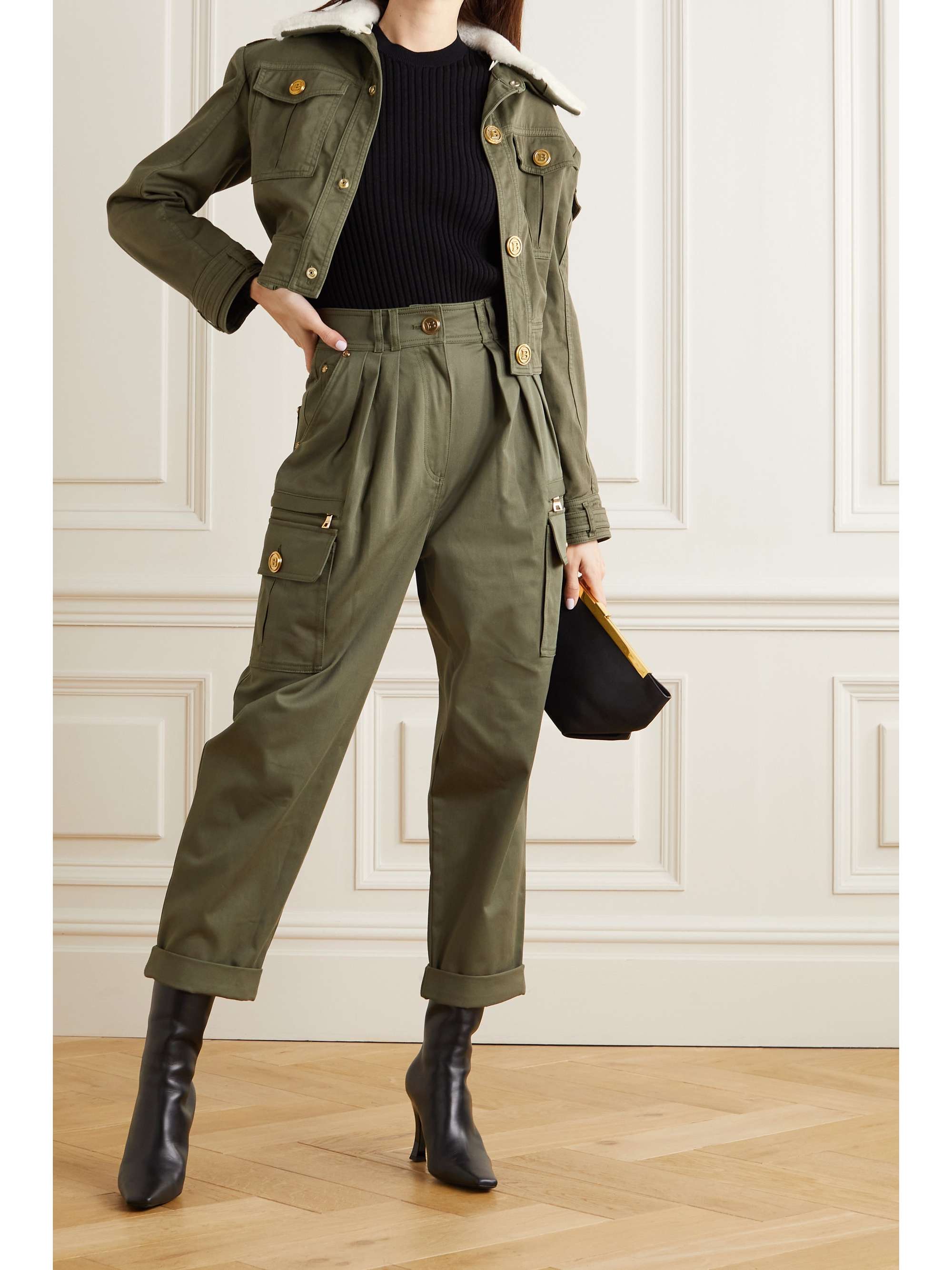 BALMAIN Button-embellished faux shearling-trimmed cotton-blend twill jacket