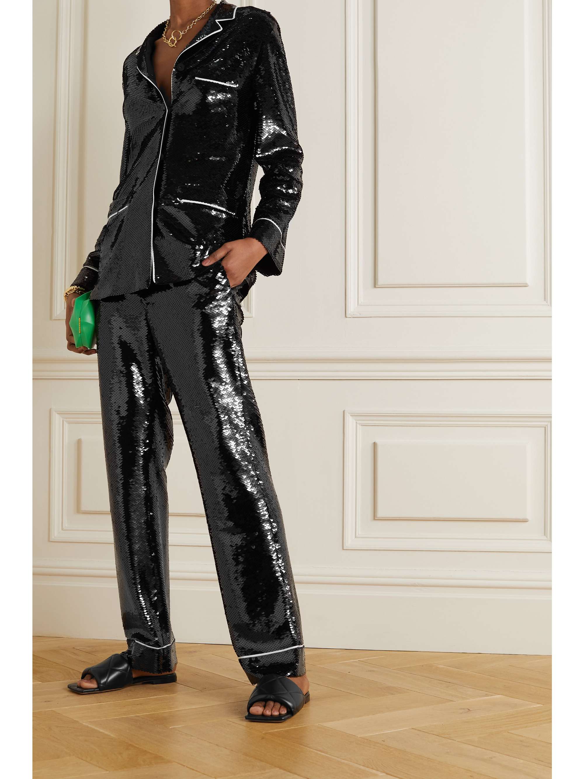 Black Piped sequined stretch-crepe 
