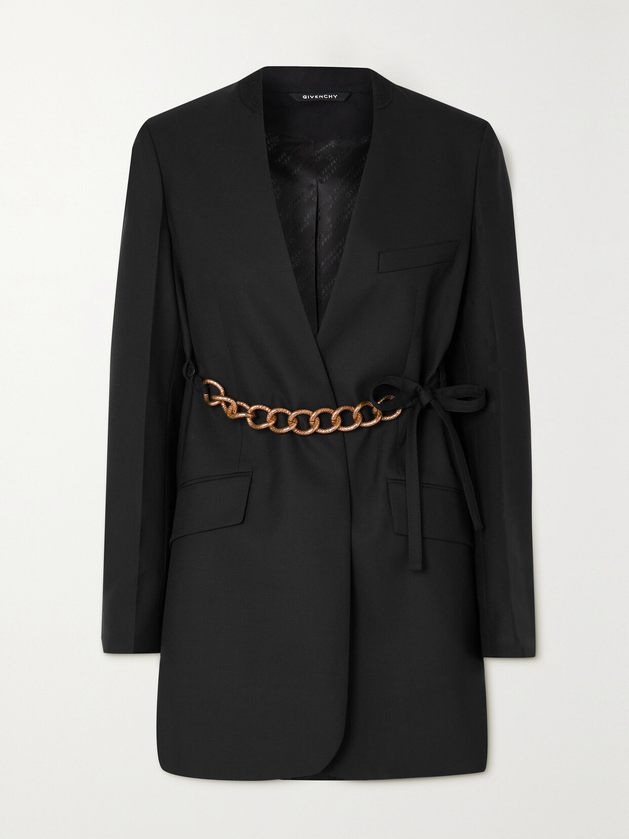 Givenchy Collarless Solid Wool Chain Belted Jacket In Black