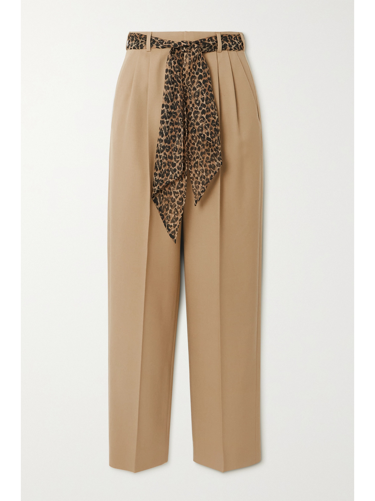 Shop Saint Laurent Belted Wool-gabardine Straight-leg Pants In Beige
