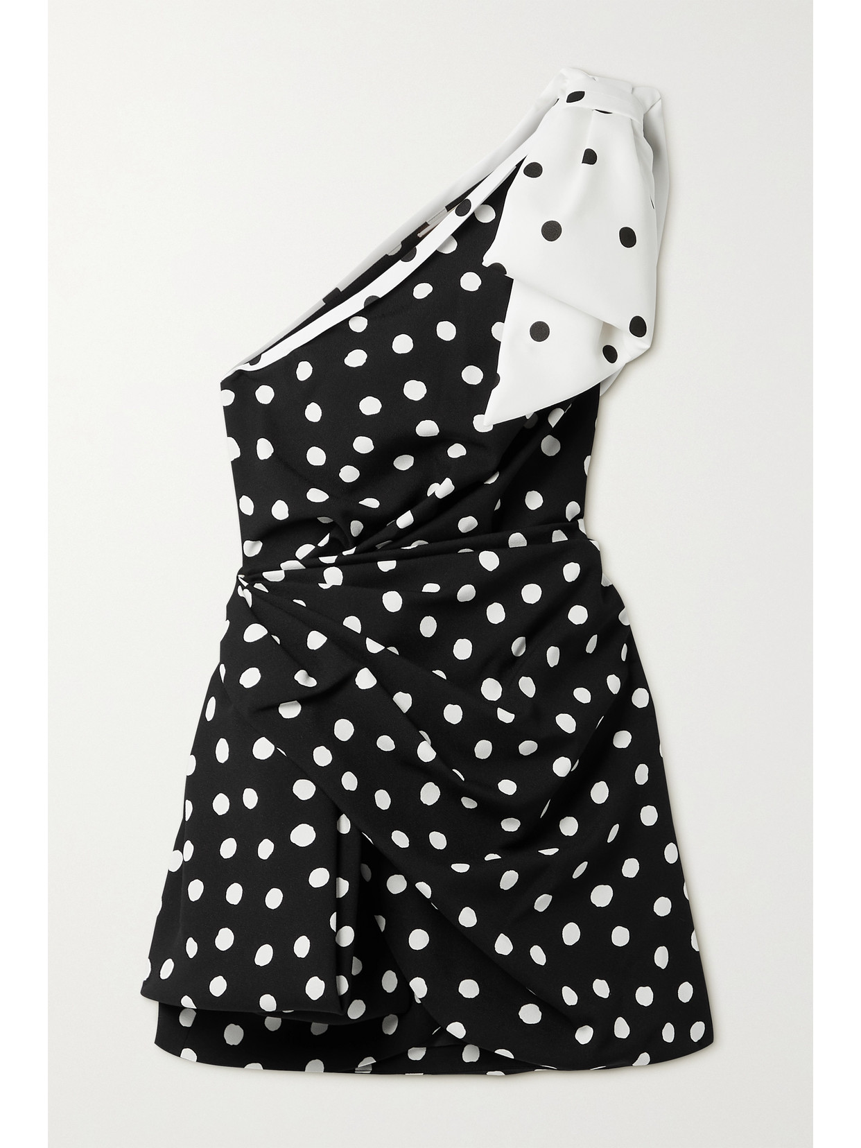 SAINT LAURENT BOW-EMBELLISHED ONE-SHOULDER DRAPED POLKA-DOT CREPE MINI DRESS