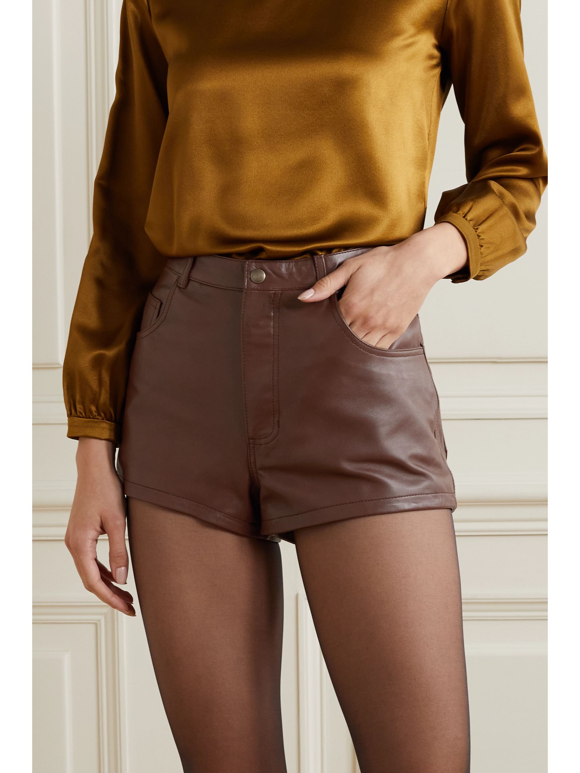 tan leather shorts