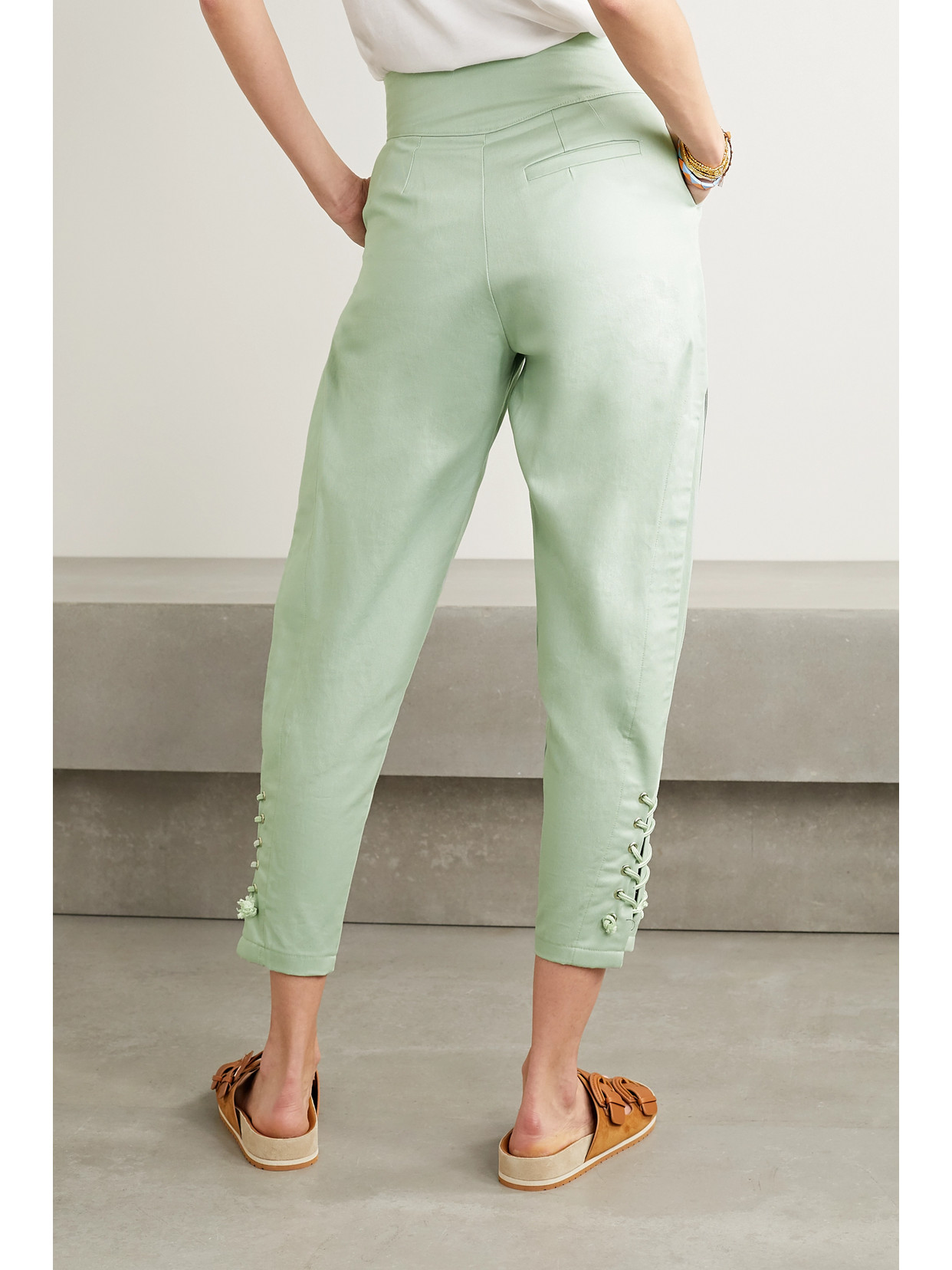 Paradised Arielle Lace-up Cotton-twill Tapered Pants In Mint