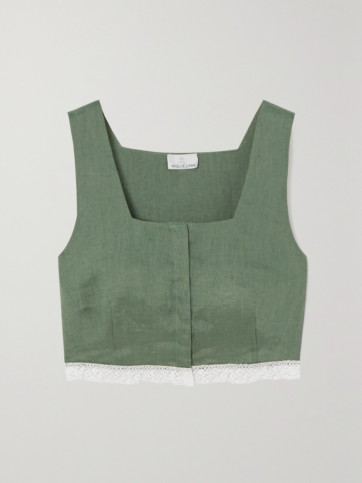 Miguelina Billie Cropped Crochet-trimmed Linen Top In Army Green