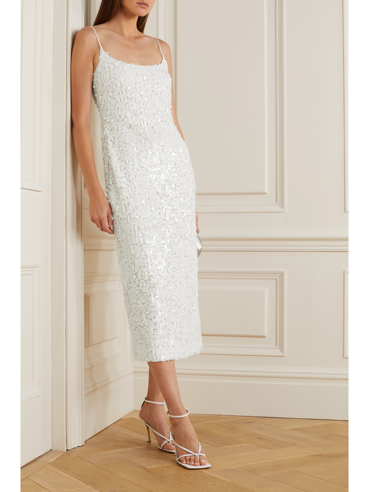 Shop Galvan Mykonos Sequined Metallic Tulle Midi Dress In White