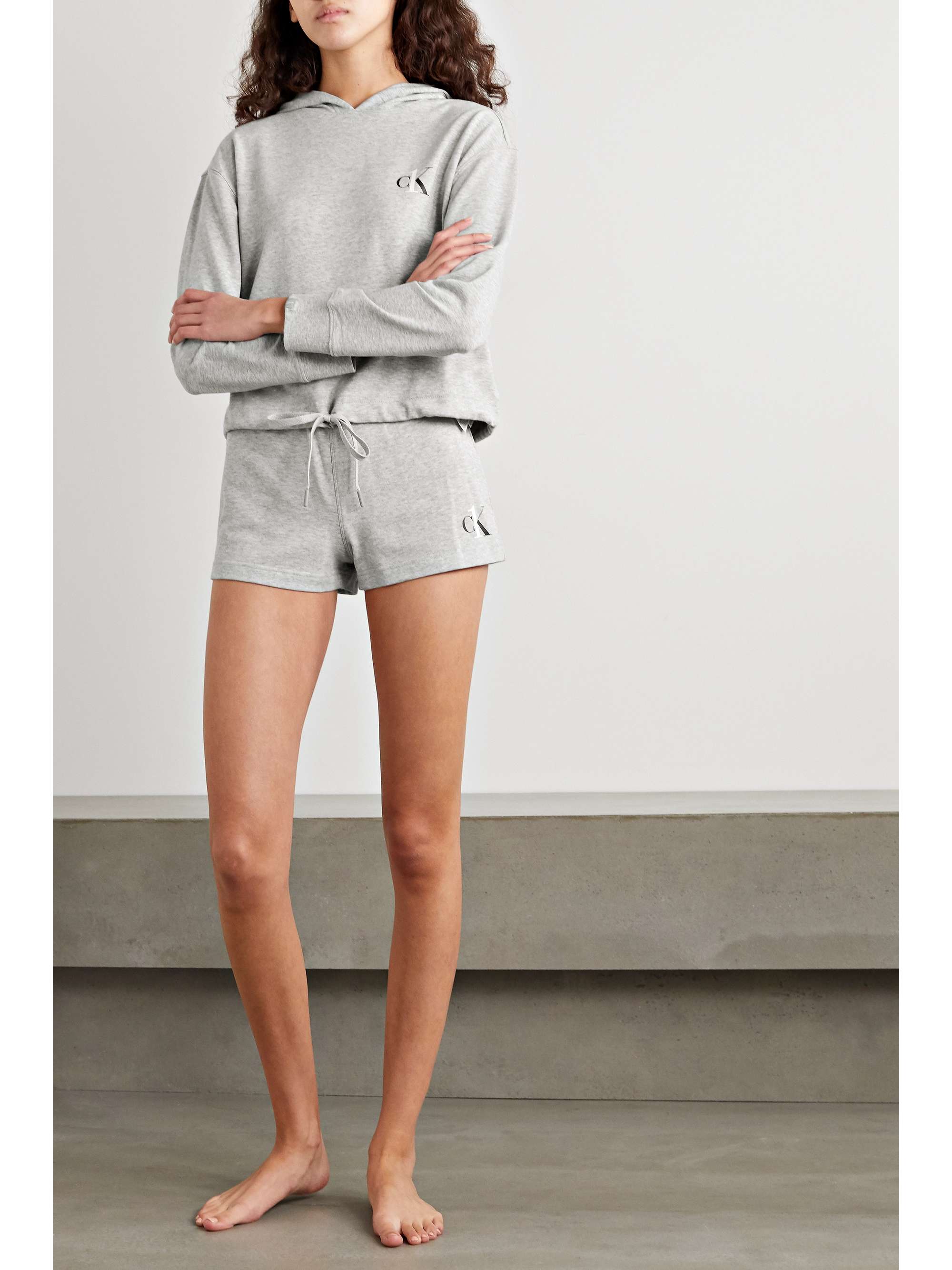 CK ONE Printed mélange cotton-blend jersey shorts