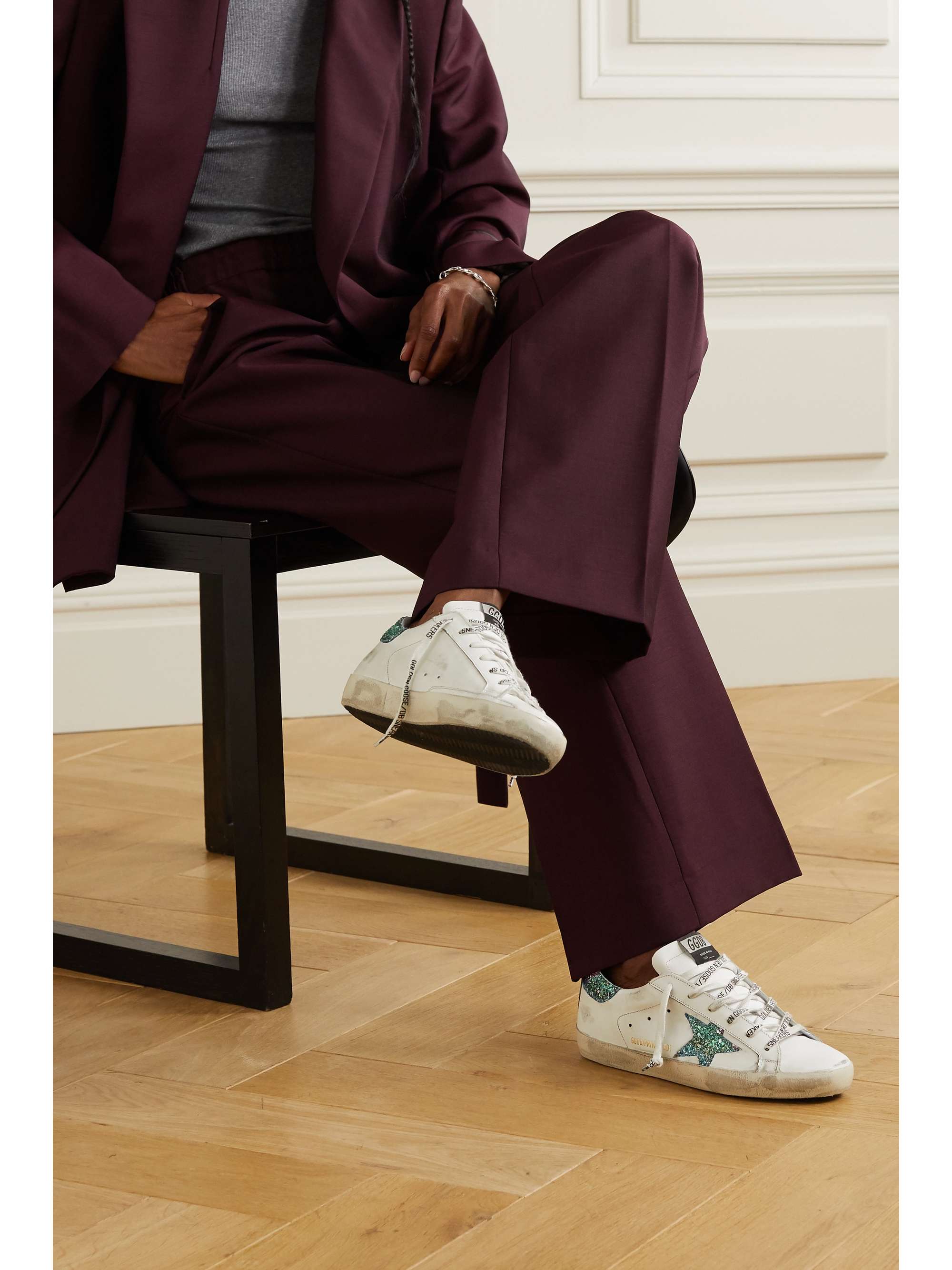 GOLDEN GOOSE Superstar glittered distressed leather sneakers